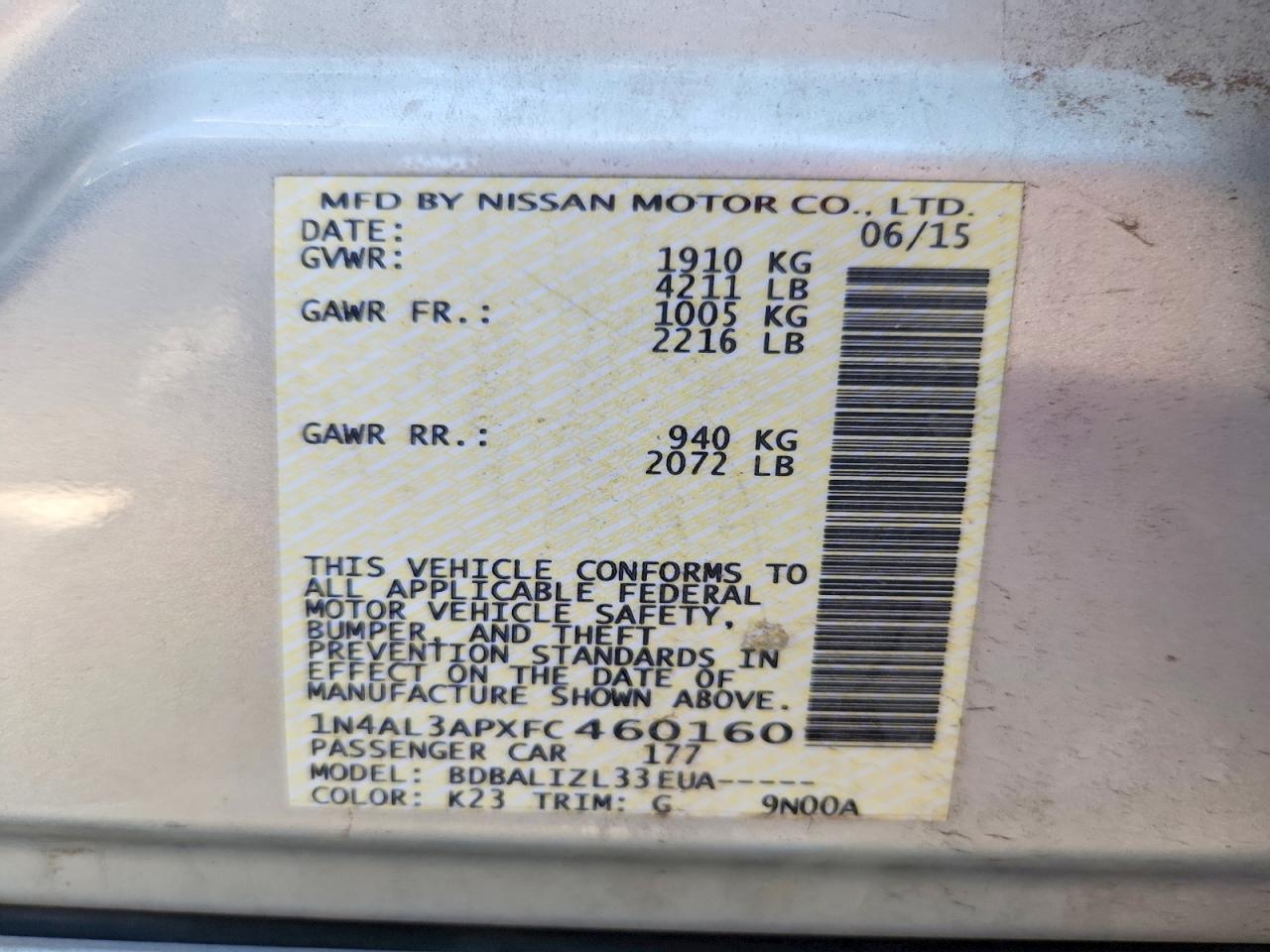 2015 Nissan Altima 2.5 Sv Серебряный vin: 1N4AL3APXFC460160