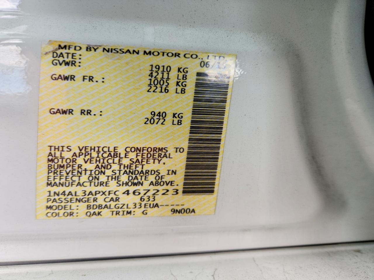 2015 Nissan Altima 2.5 S White vin: 1N4AL3APXFC467223