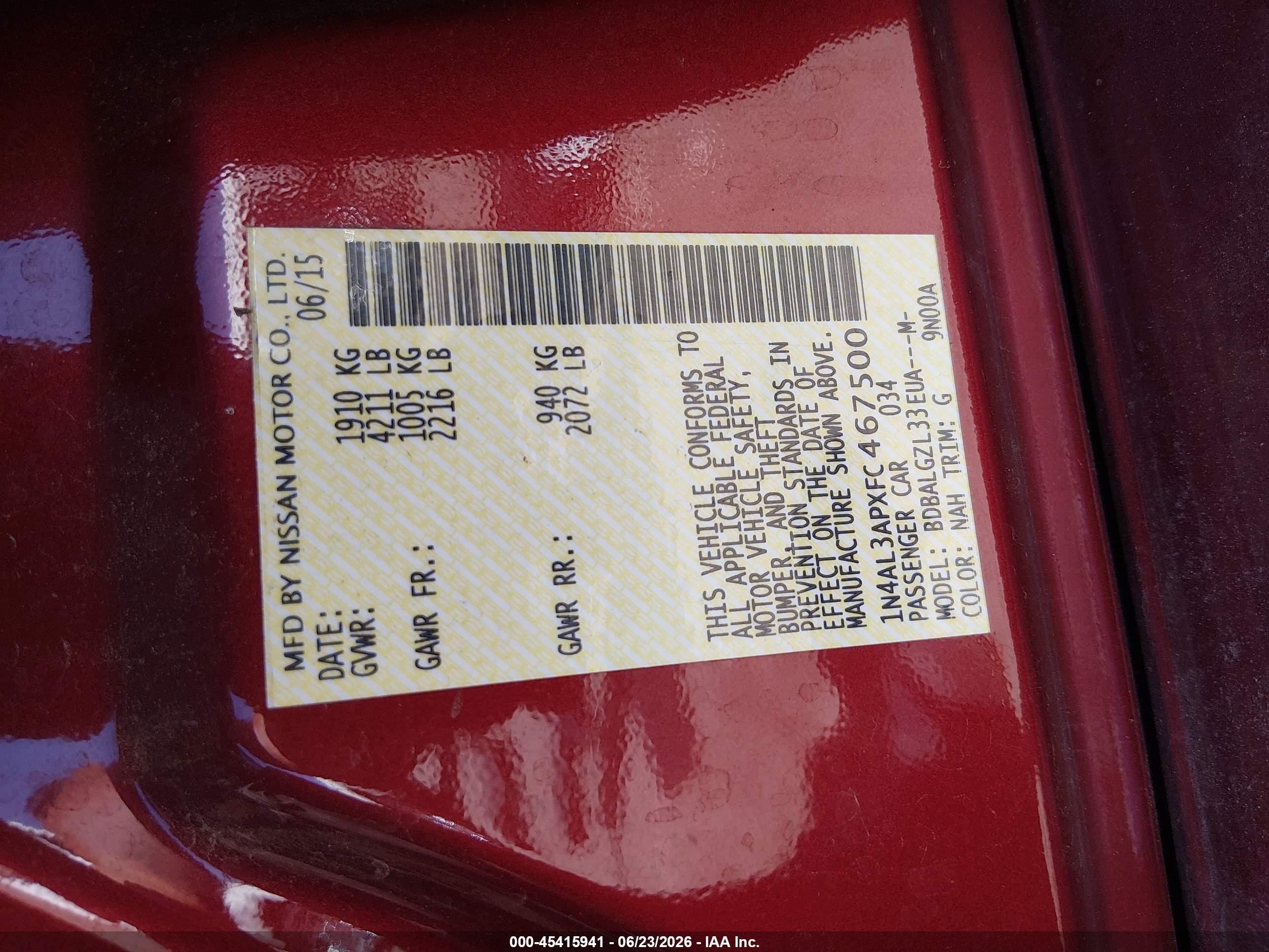 2015 Nissan Altima 2.5 S Red vin: 1N4AL3APXFC467500