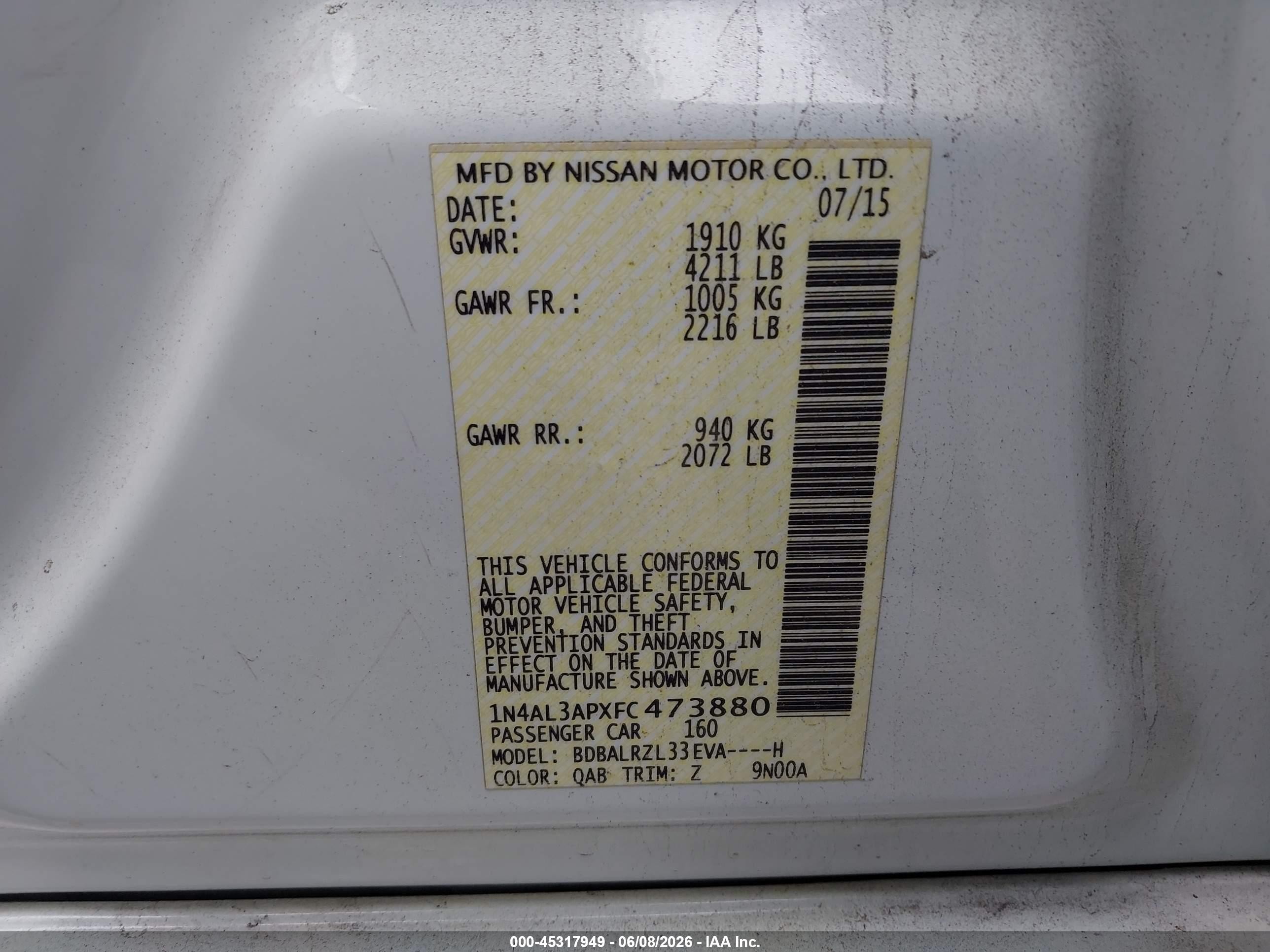 2015 Nissan Altima 2.5 Sl White vin: 1N4AL3APXFC473880