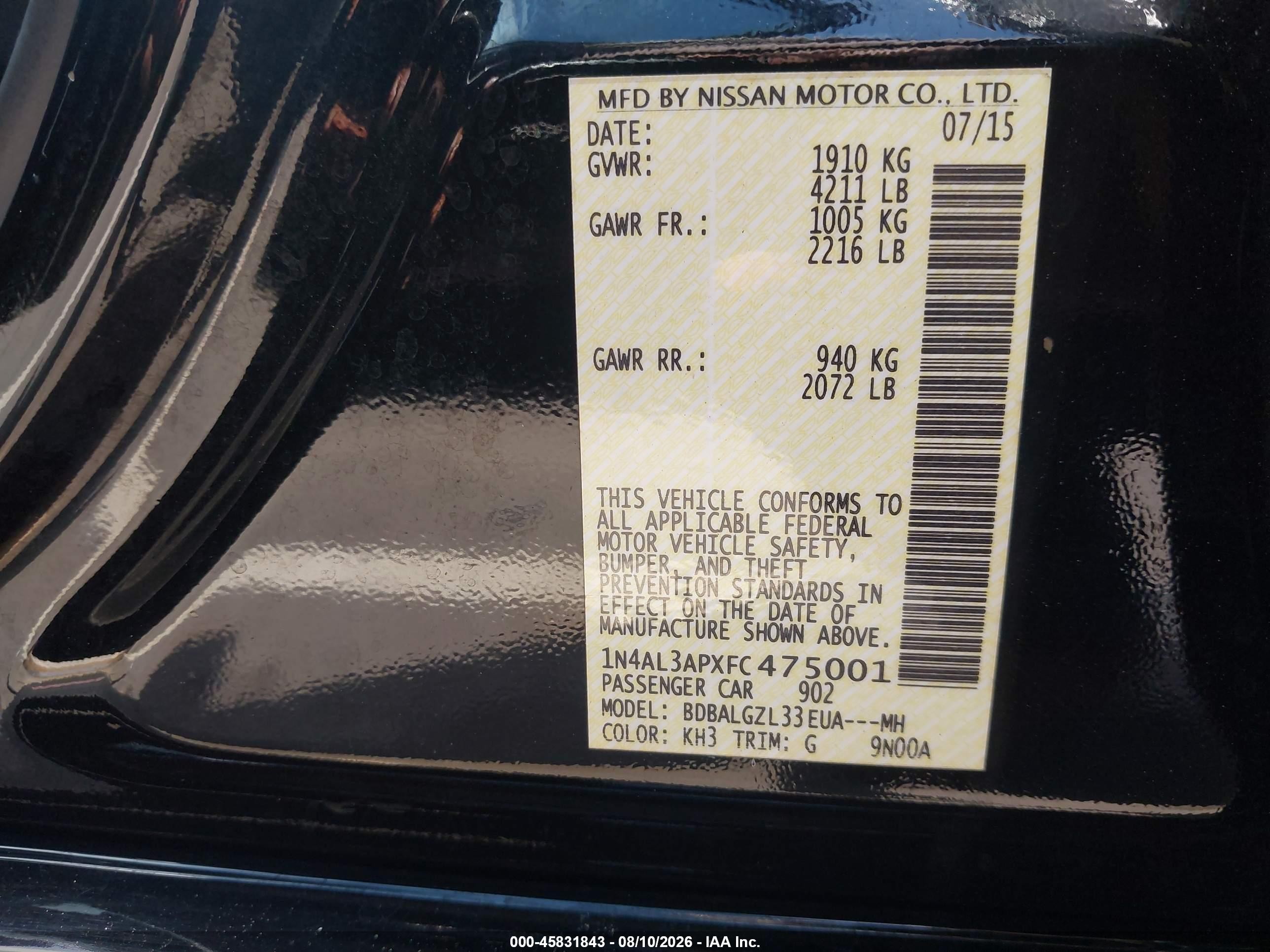 2015 Nissan Altima 2.5 S Black vin: 1N4AL3APXFC475001