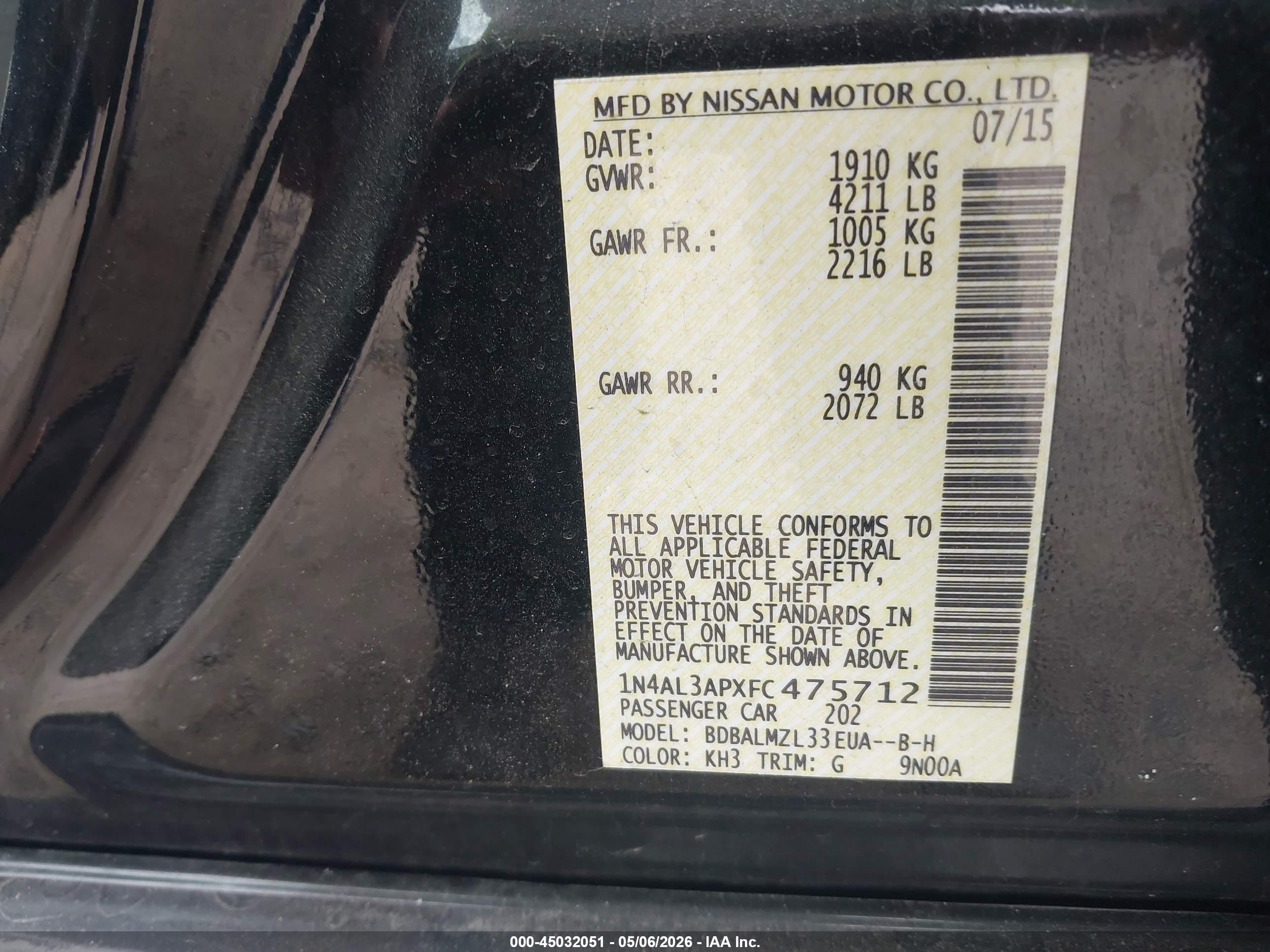2015 Nissan Altima 2.5 Sv Black vin: 1N4AL3APXFC475712