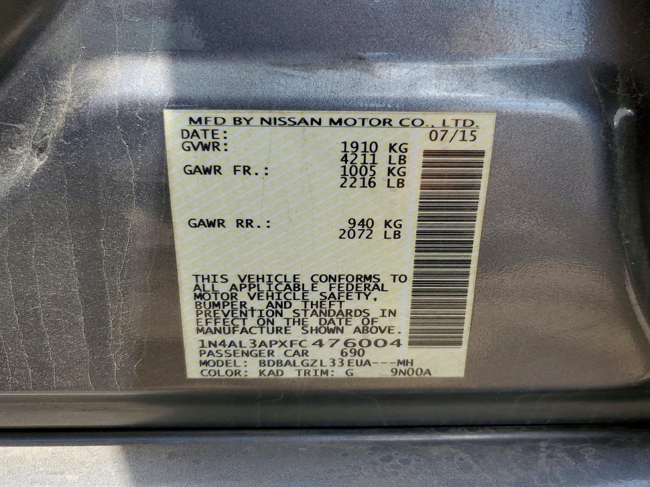 2015 Nissan Altima 2.5 S Gray vin: 1N4AL3APXFC476004