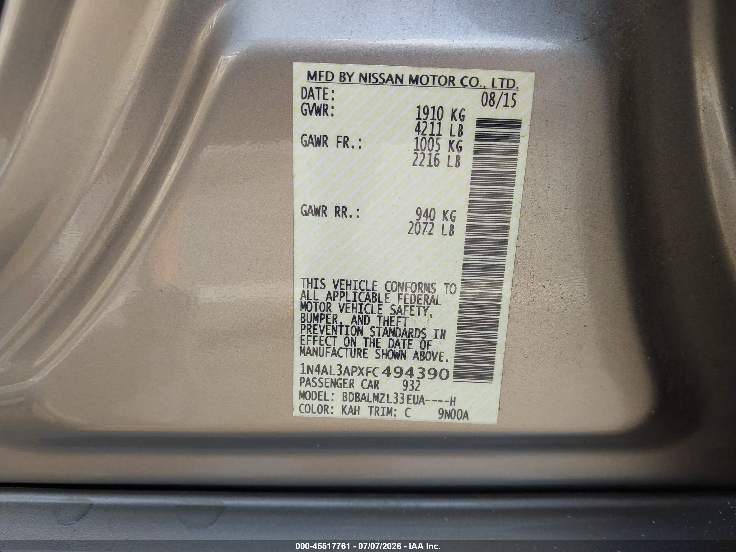 2015 Nissan Altima 2.5 Sv Бежевый vin: 1N4AL3APXFC494390