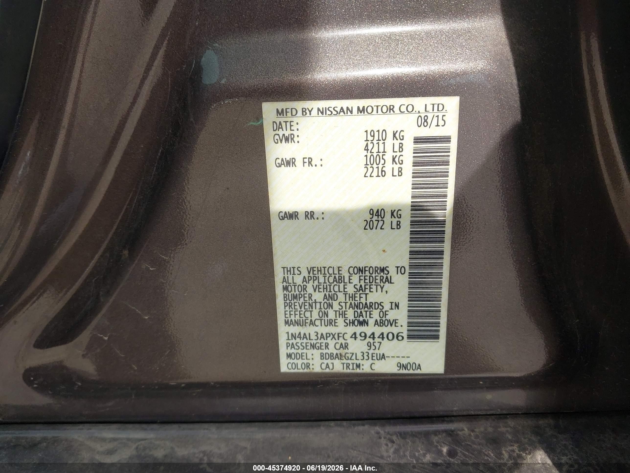 2015 Nissan Altima 2.5/2.5 S/2.5 Sl/2.5 Sv Gray vin: 1N4AL3APXFC494406