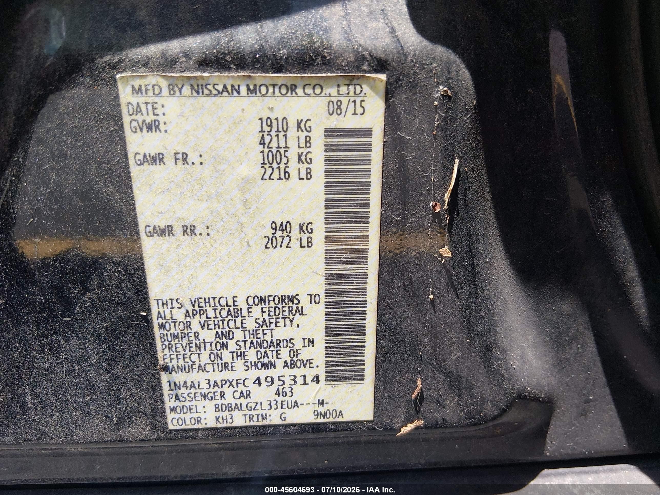 2015 Nissan Altima 2.5 S Black vin: 1N4AL3APXFC495314