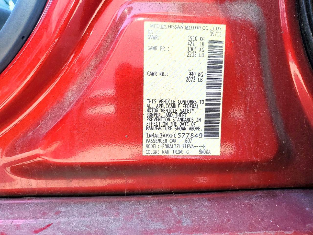 2015 Nissan Altima 2.5 Sv Red vin: 1N4AL3APXFC577849
