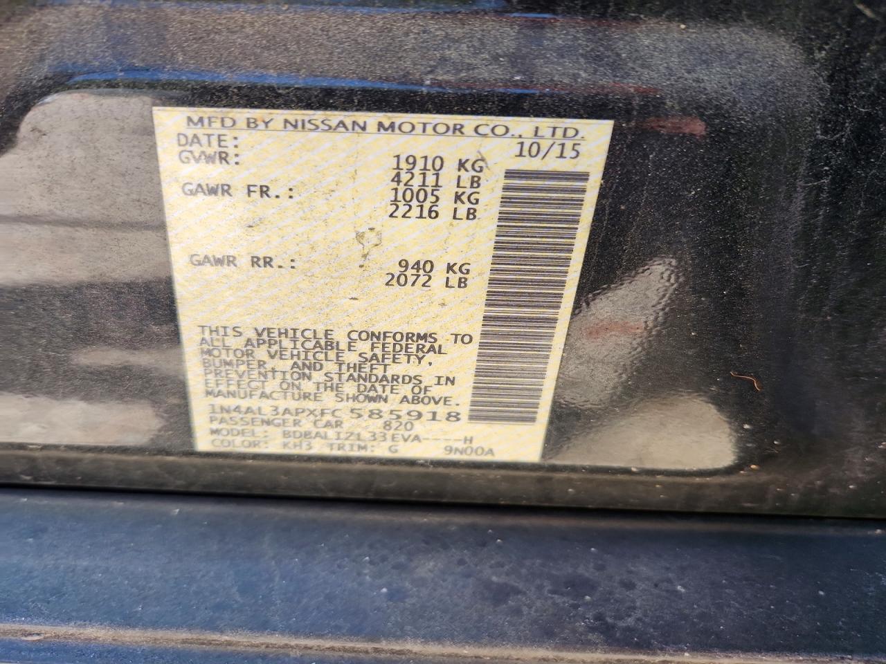 2015 Nissan Altima 2.5 Sv Black vin: 1N4AL3APXFC585918