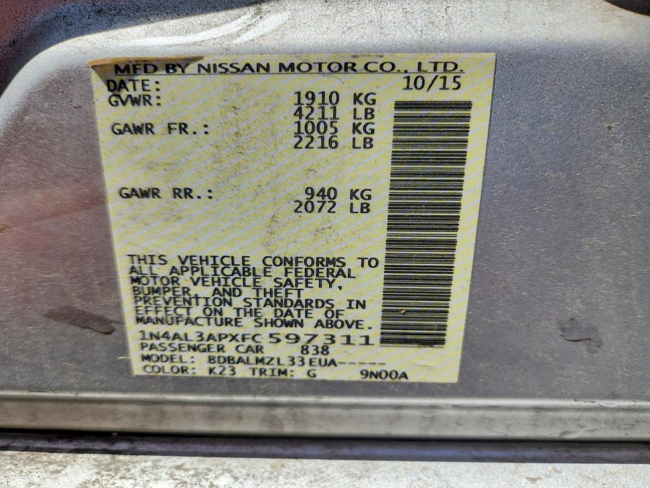 2015 Nissan Altima 2.5 Sv Silver vin: 1N4AL3APXFC597311