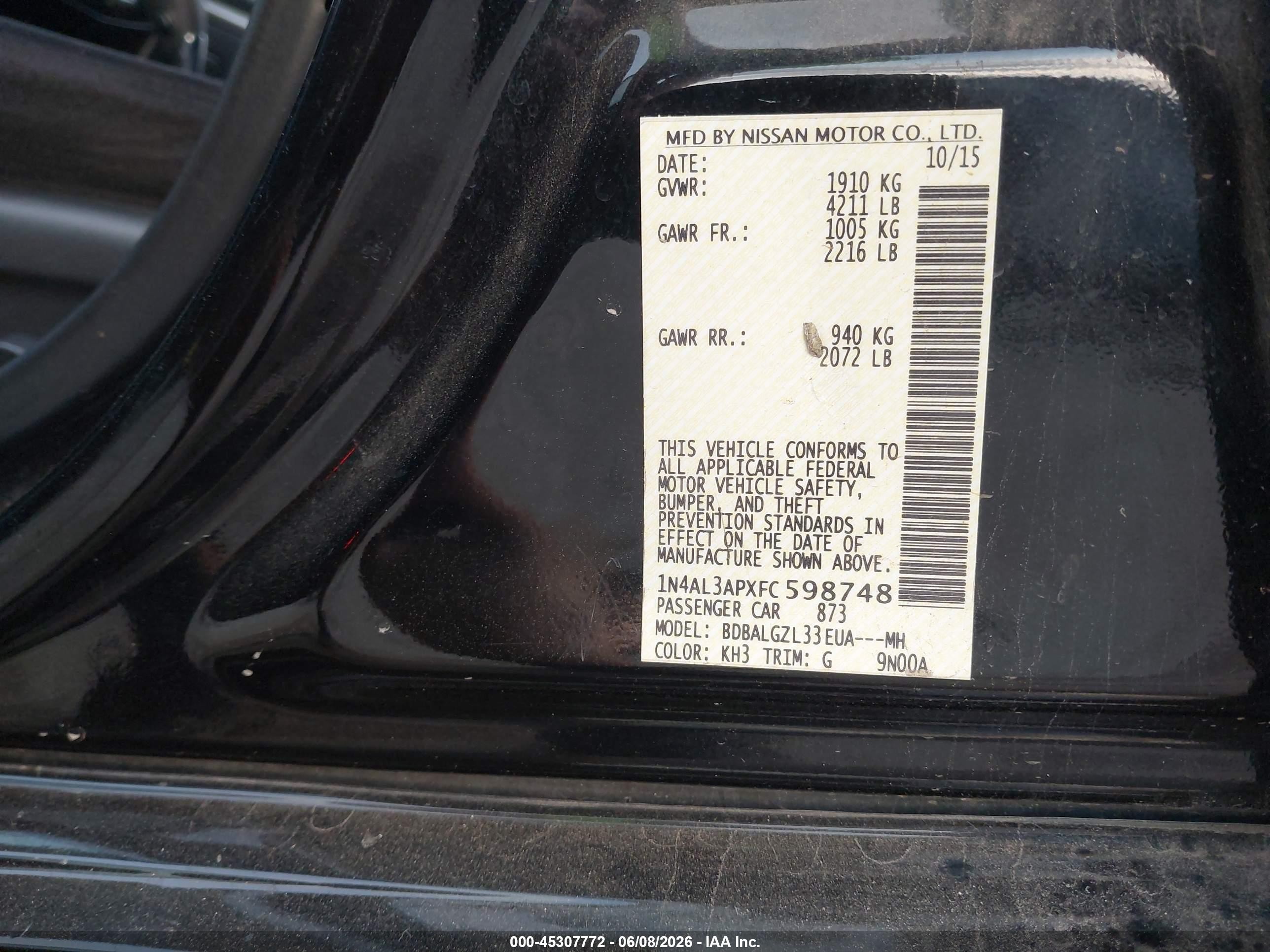 2015 Nissan Altima 2.5 S Black vin: 1N4AL3APXFC598748