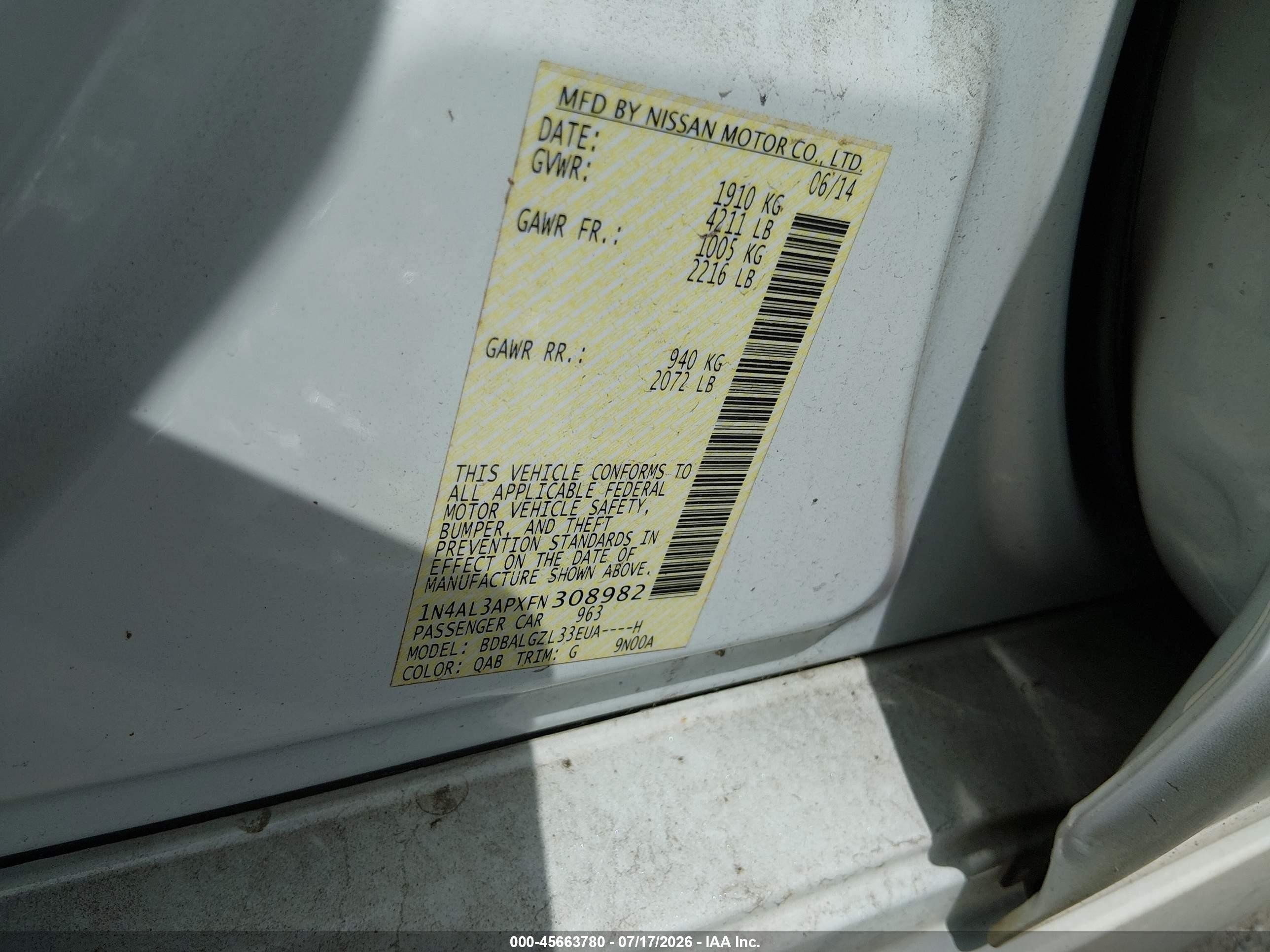 2015 Nissan Altima 2.5 S White vin: 1N4AL3APXFN308982