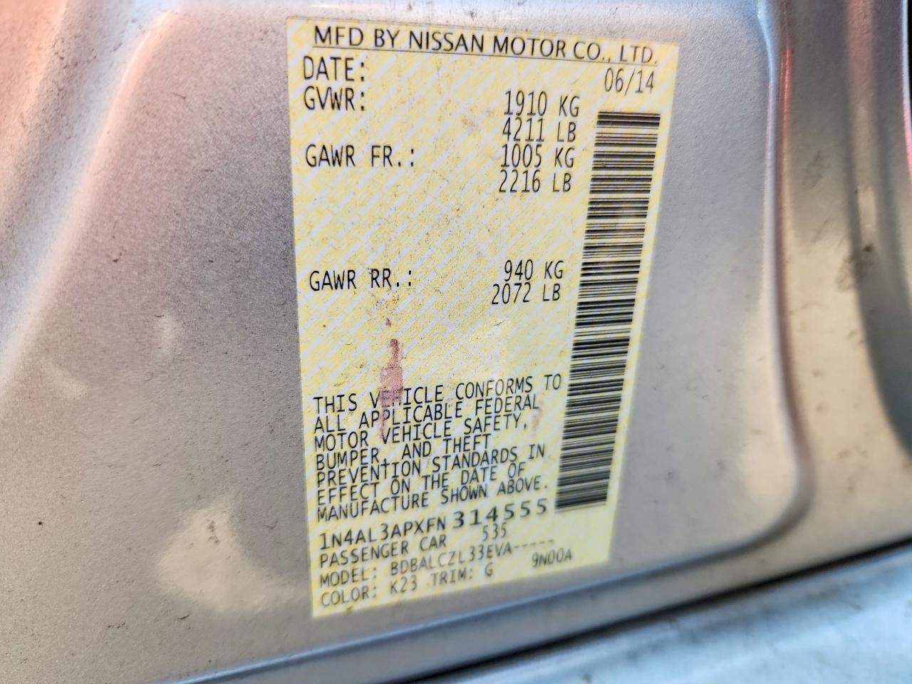 2015 Nissan Altima 2.5 Silver vin: 1N4AL3APXFN314555