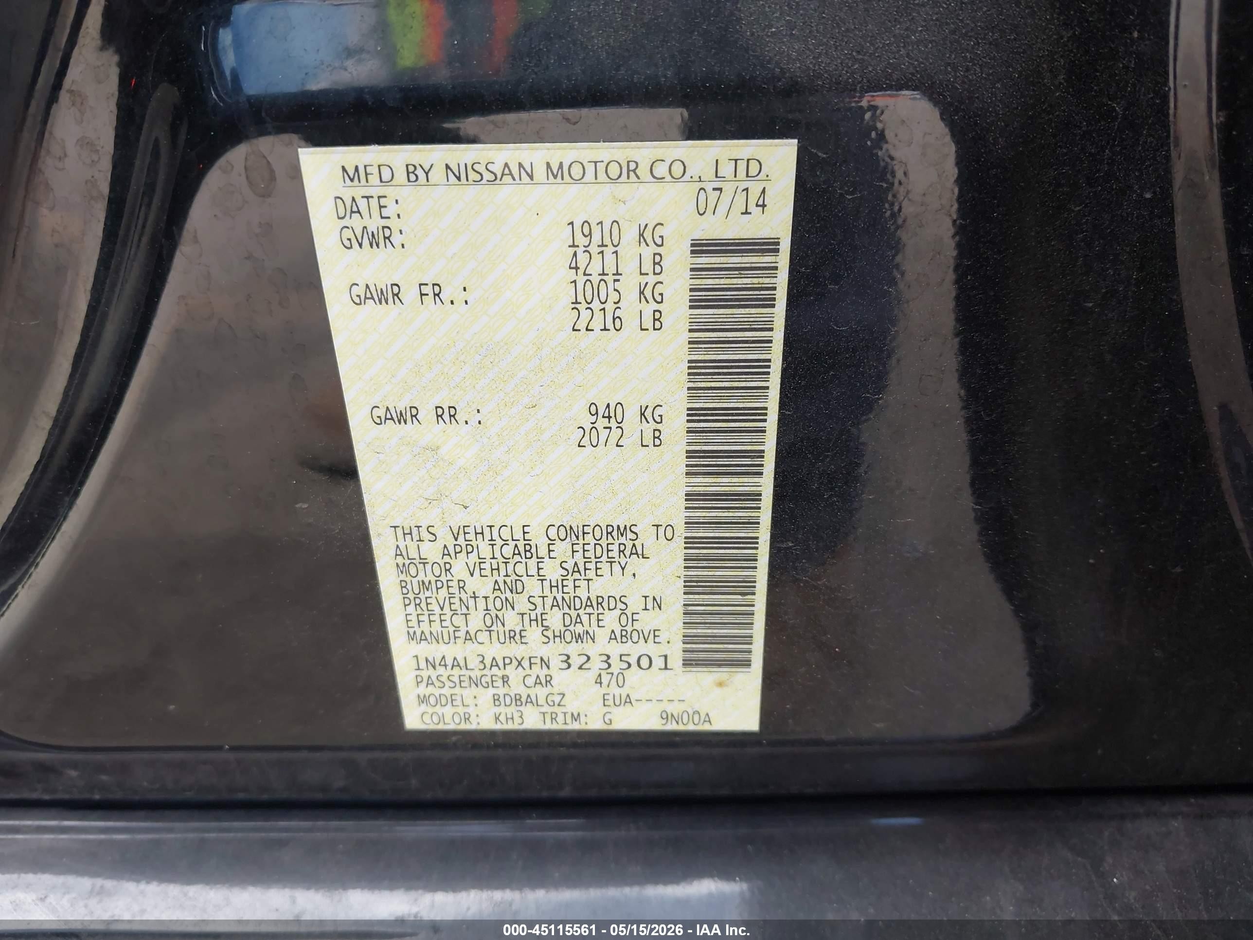 2015 Nissan Altima 2.5/2.5 S/2.5 Sl/2.5 Sv Black vin: 1N4AL3APXFN323501