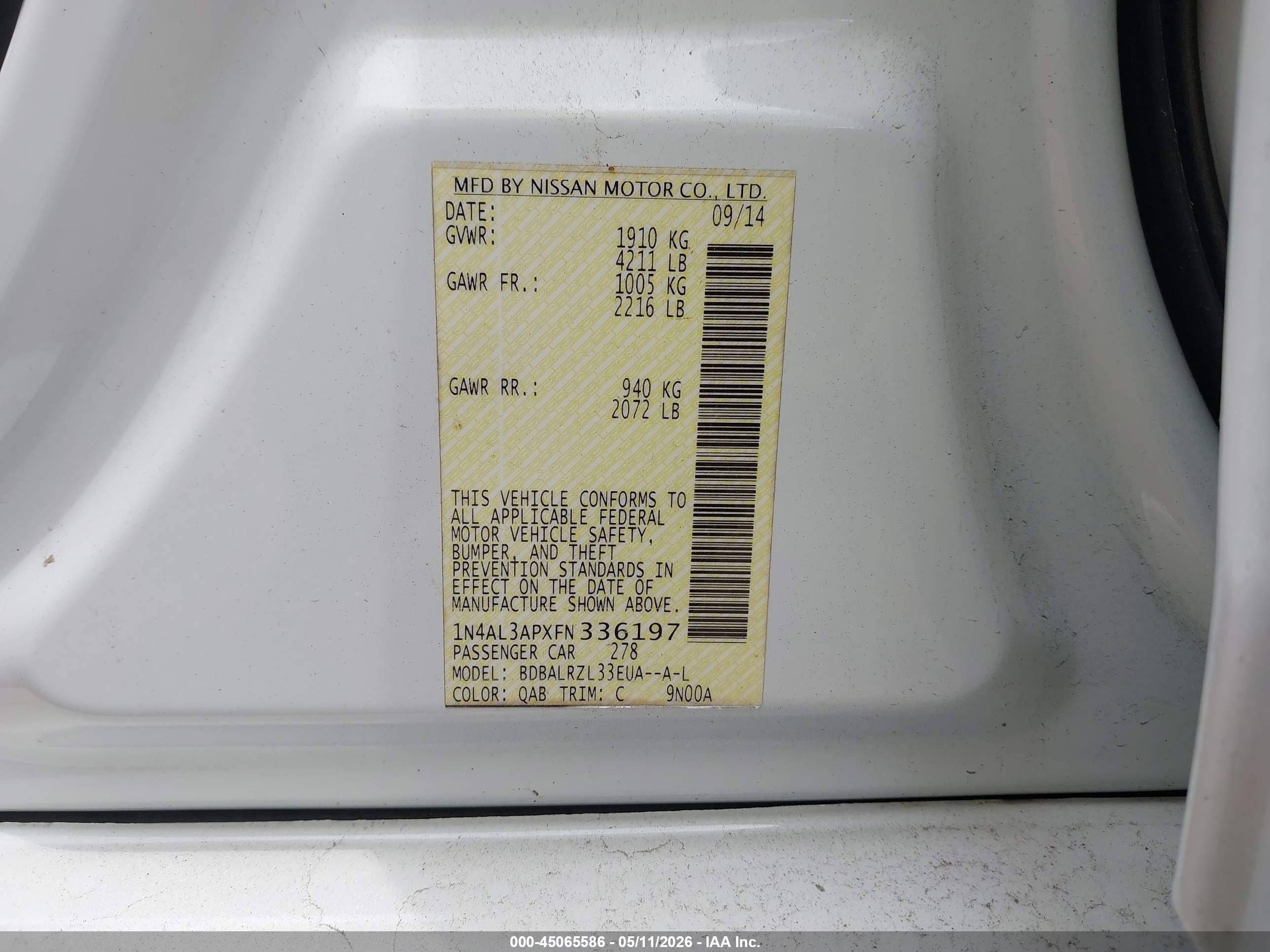 2015 Nissan Altima 2.5 Sl White vin: 1N4AL3APXFN336197