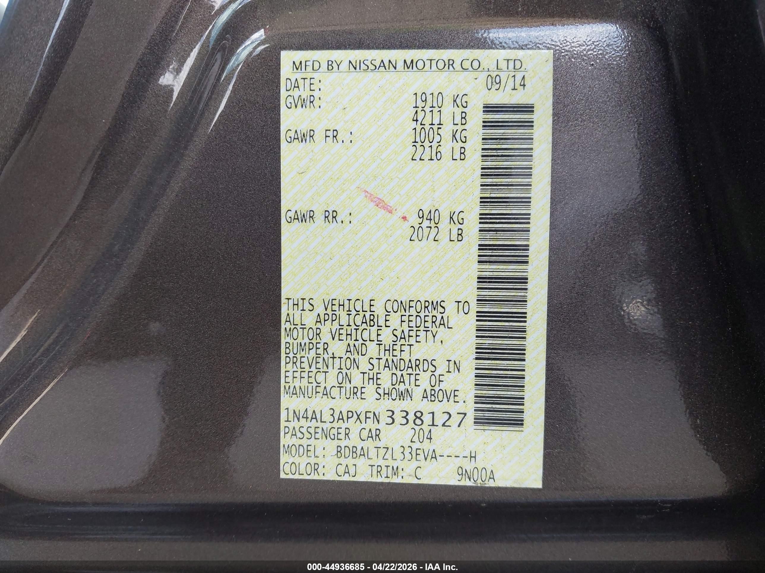 2015 Nissan Altima 2.5 Sl Champagne vin: 1N4AL3APXFN338127