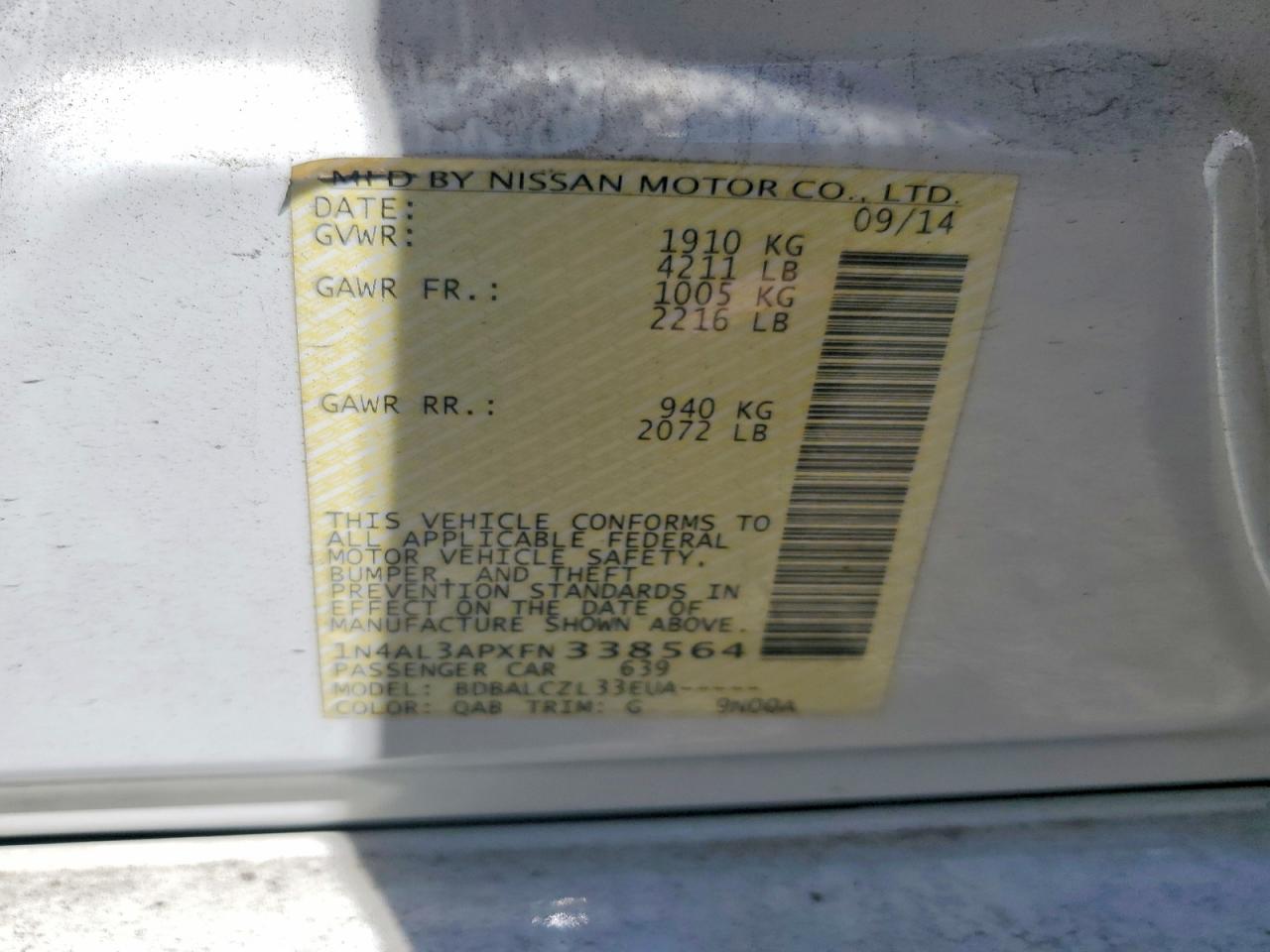 2015 Nissan Altima 2.5 S White vin: 1N4AL3APXFN338564