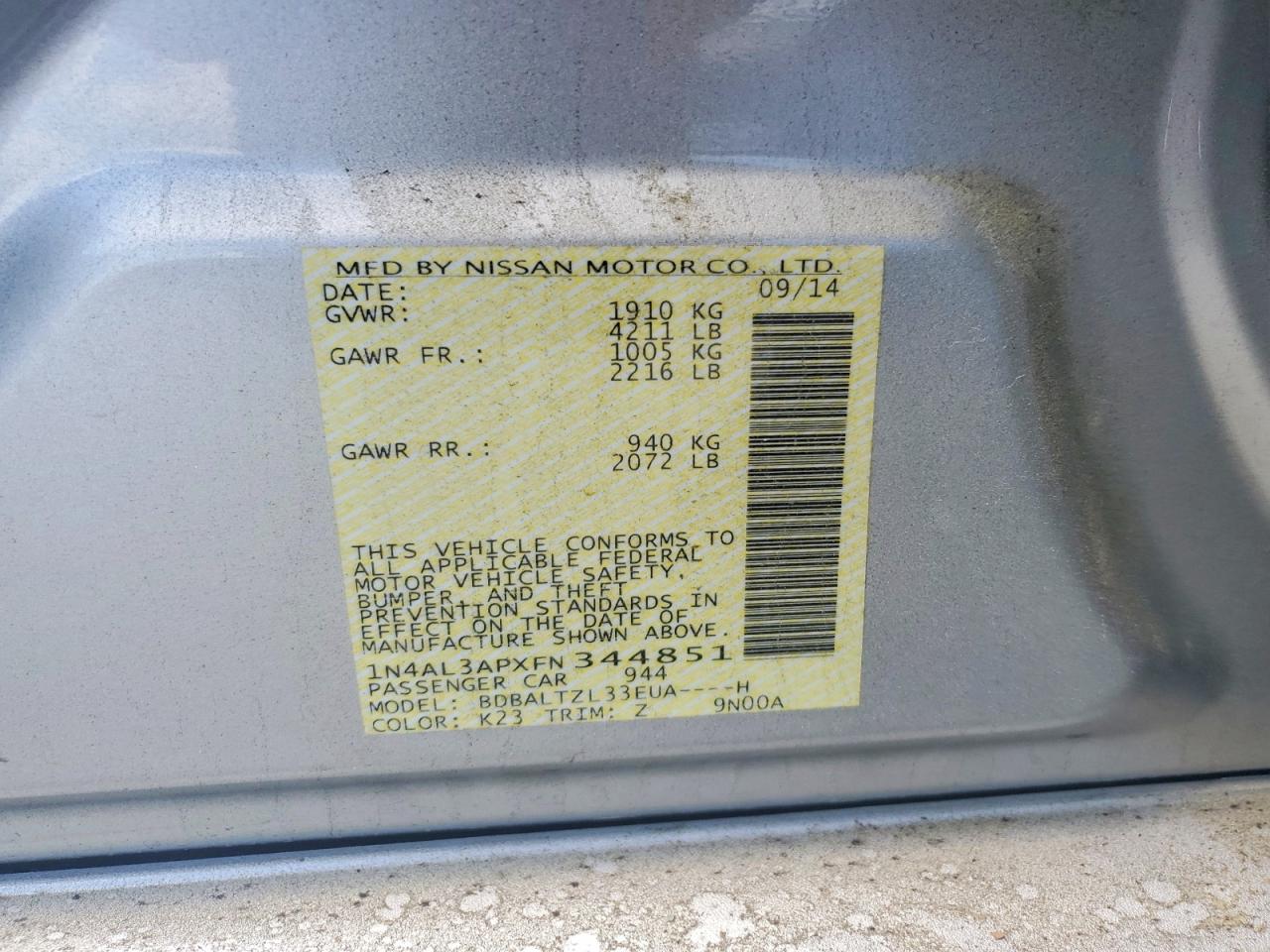 2015 Nissan Altima 2.5 Sl Silver vin: 1N4AL3APXFN344851