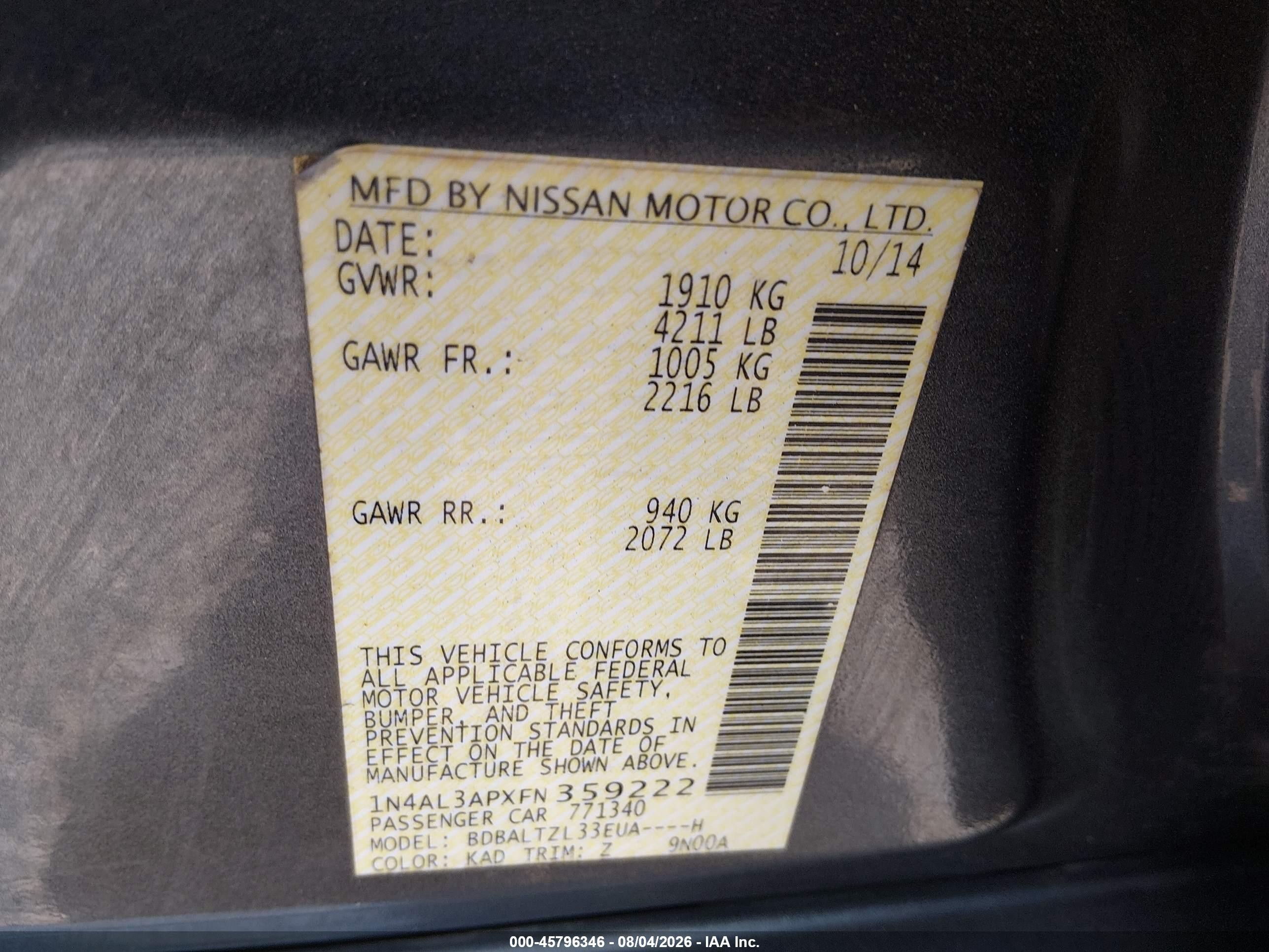 2015 Nissan Altima 2.5 Sl Gray vin: 1N4AL3APXFN359222