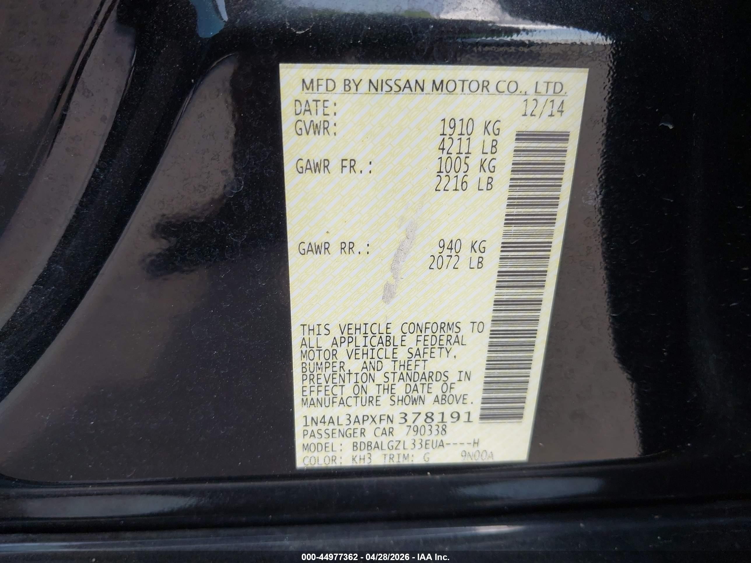 2015 Nissan Altima 2.5 S Black vin: 1N4AL3APXFN378191