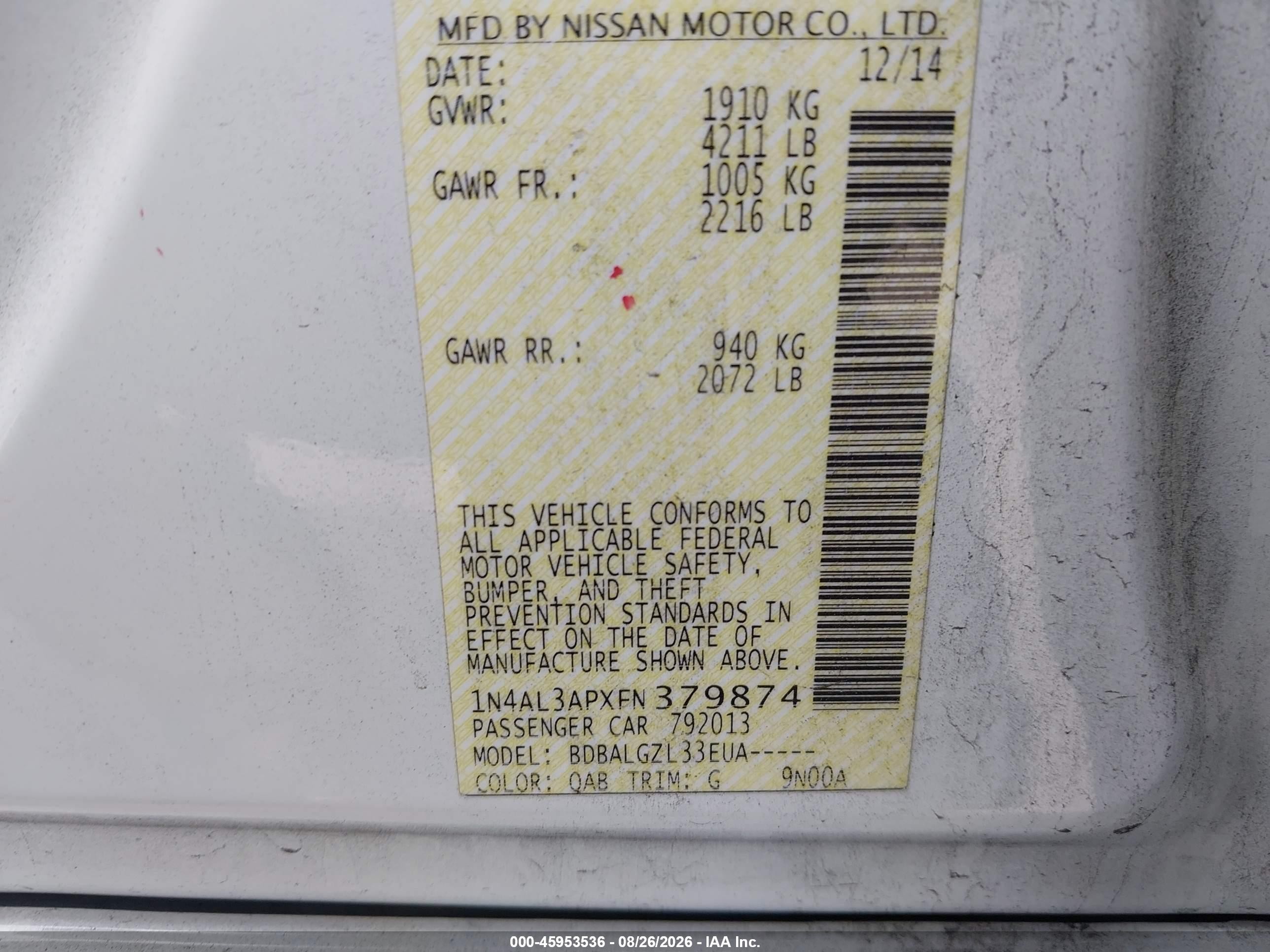2015 Nissan Altima 2.5/2.5 S/2.5 Sl/2.5 Sv White vin: 1N4AL3APXFN379874