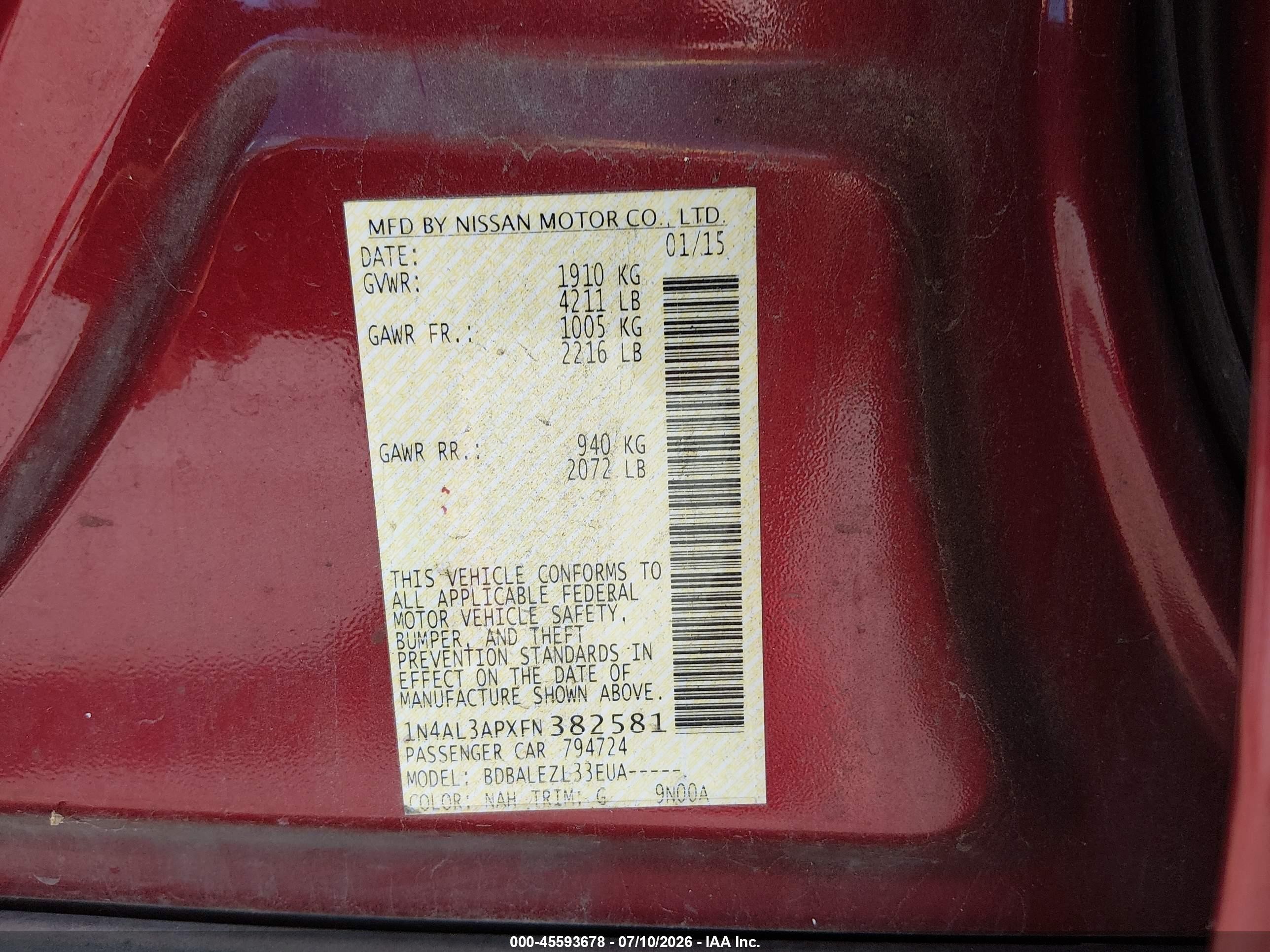 2015 Nissan Altima 2.5/2.5 S/2.5 Sl/2.5 Sv Red vin: 1N4AL3APXFN382581