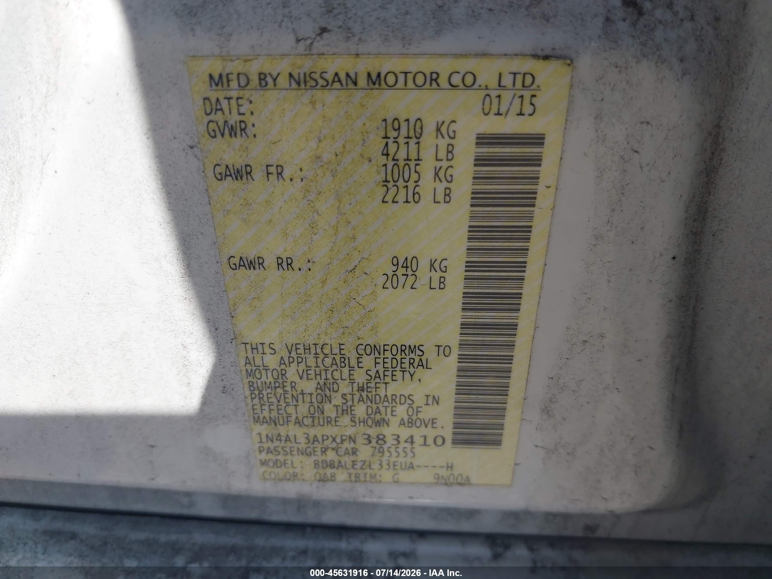 2015 Nissan Altima 2.5 S White vin: 1N4AL3APXFN383410
