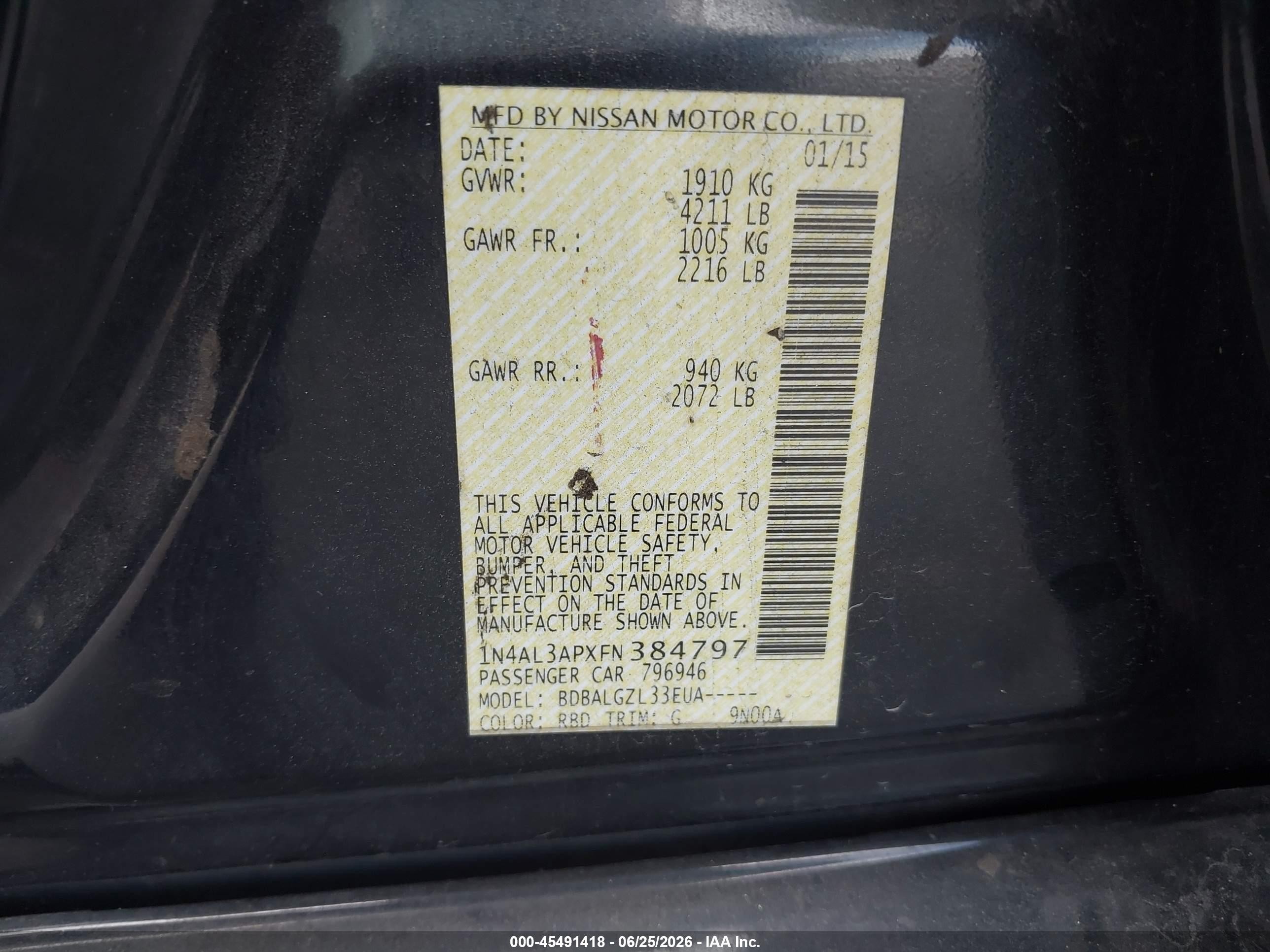 2015 Nissan Altima   Gray vin: 1N4AL3APXFN384797