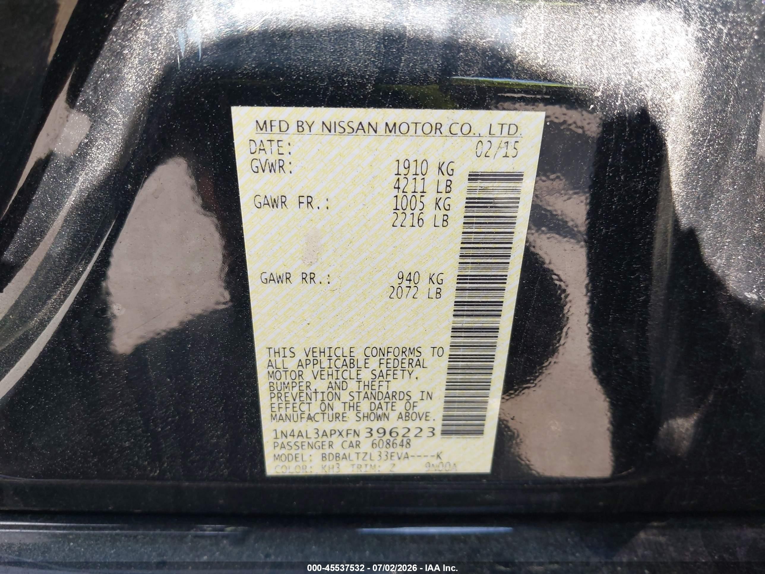 2015 Nissan Altima 2.5 Sl Black vin: 1N4AL3APXFN396223