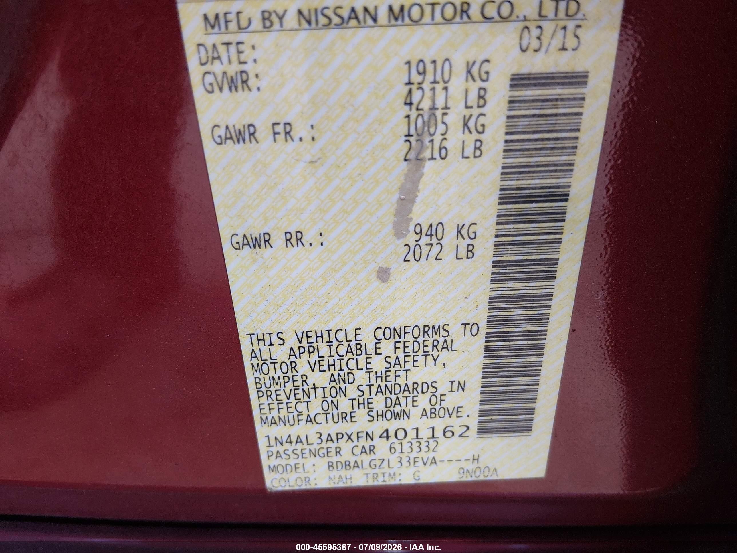 2015 Nissan Altima 2.5 S Red vin: 1N4AL3APXFN401162