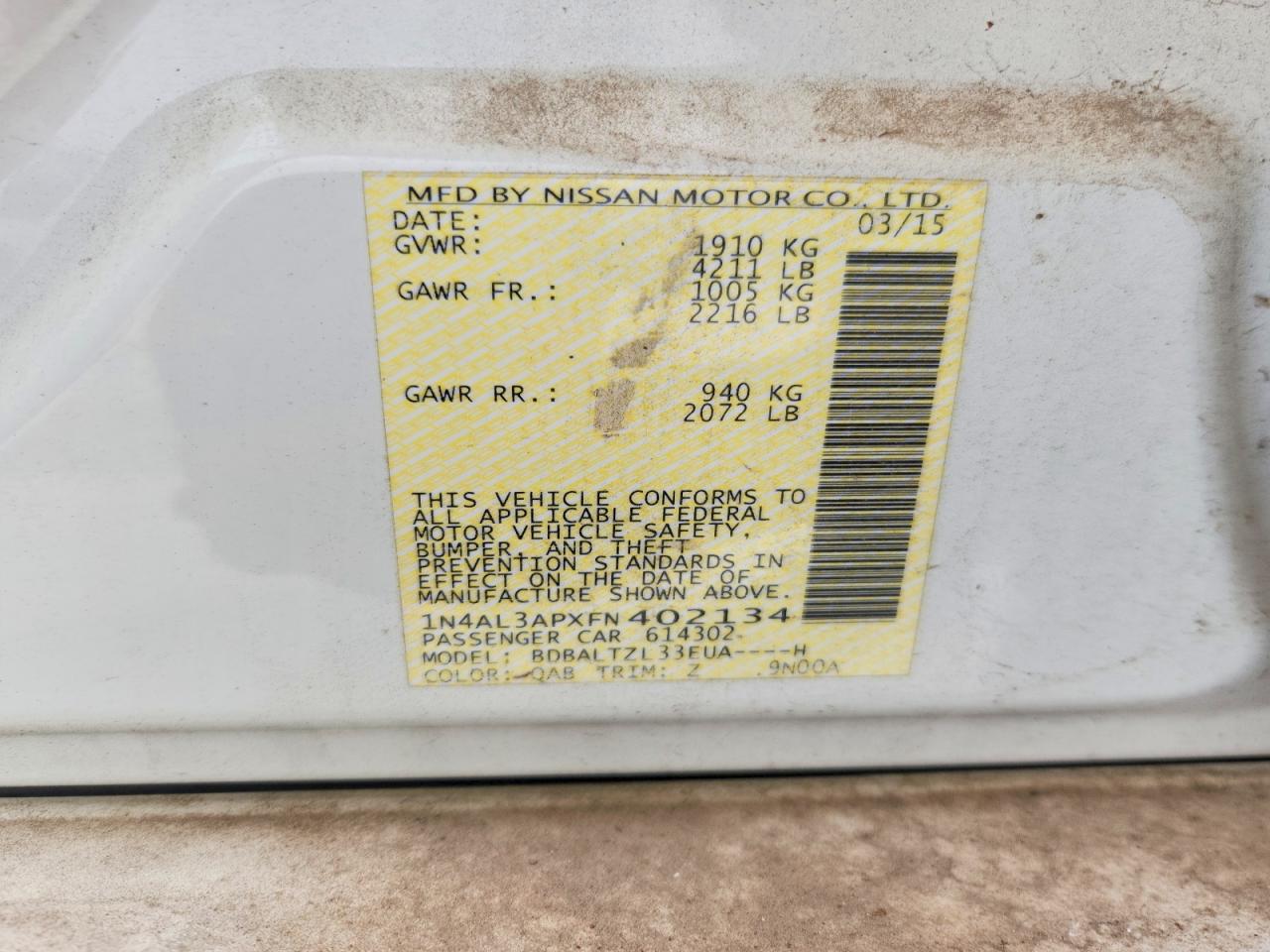 2015 Nissan Altima 2.5 Sl White vin: 1N4AL3APXFN402134