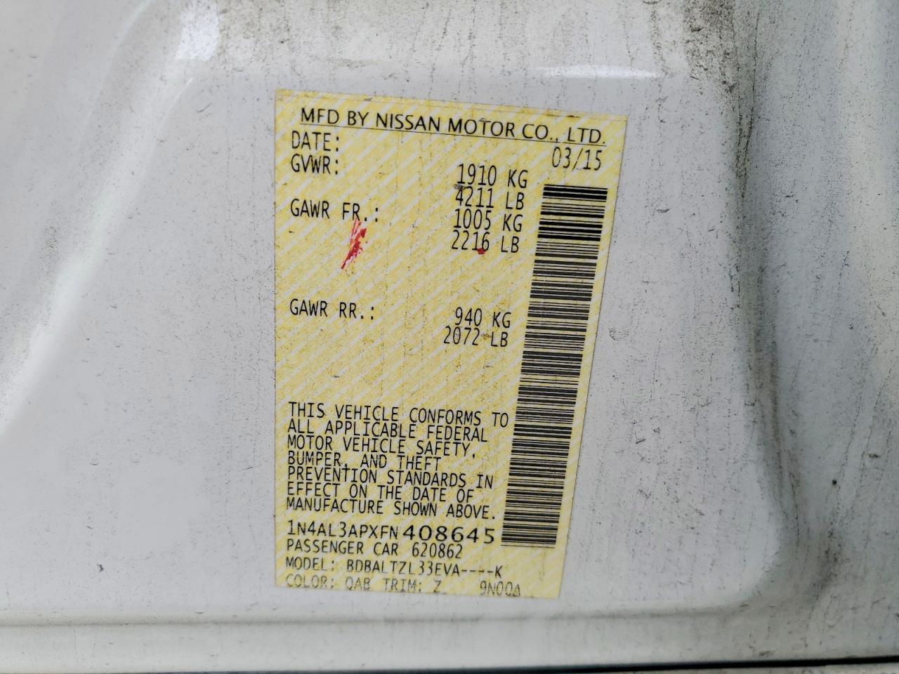2015 Nissan Altima 2.5 Sl White vin: 1N4AL3APXFN408645