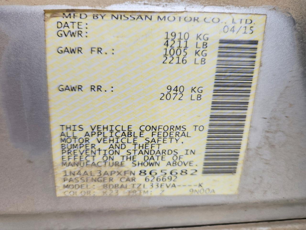 2015 Nissan Altima 2.5 Sl Silver vin: 1N4AL3APXFN865682