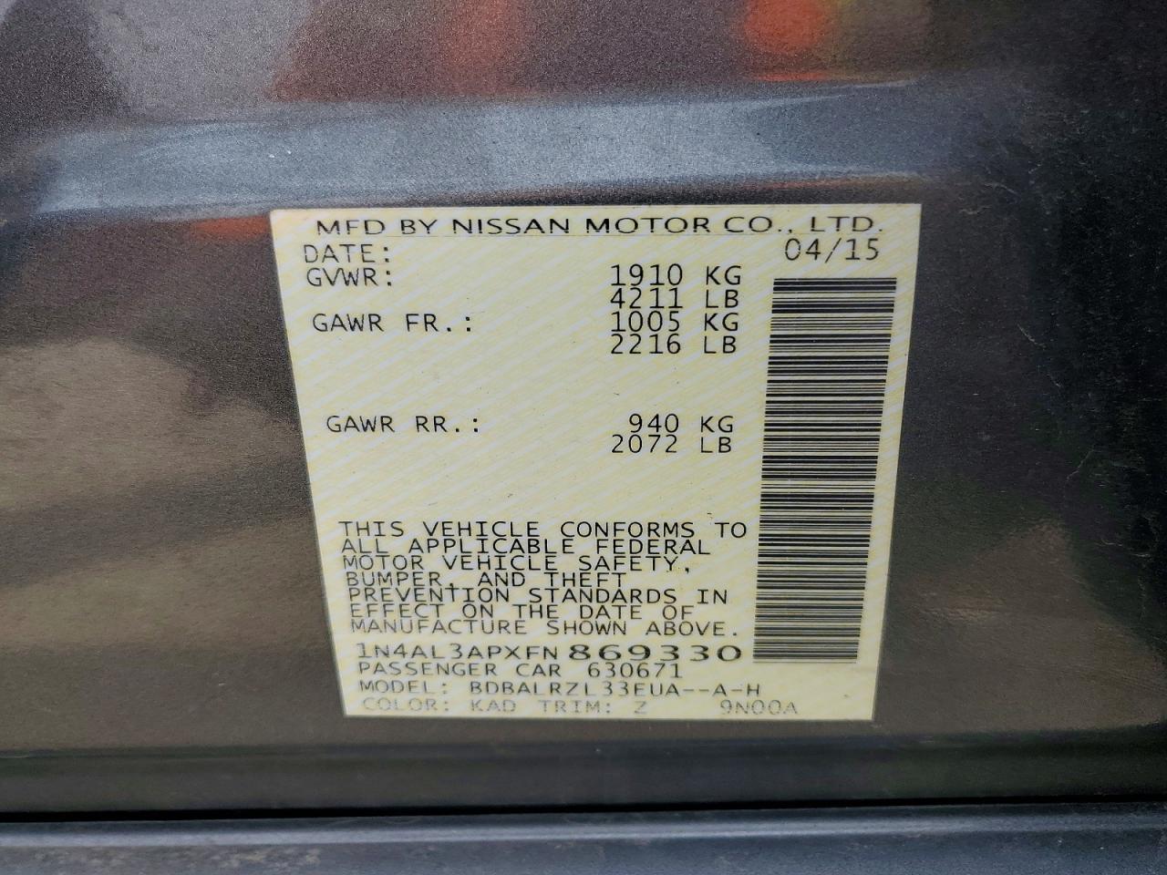 2015 Nissan Altima 2.5 Sl Gray vin: 1N4AL3APXFN869330