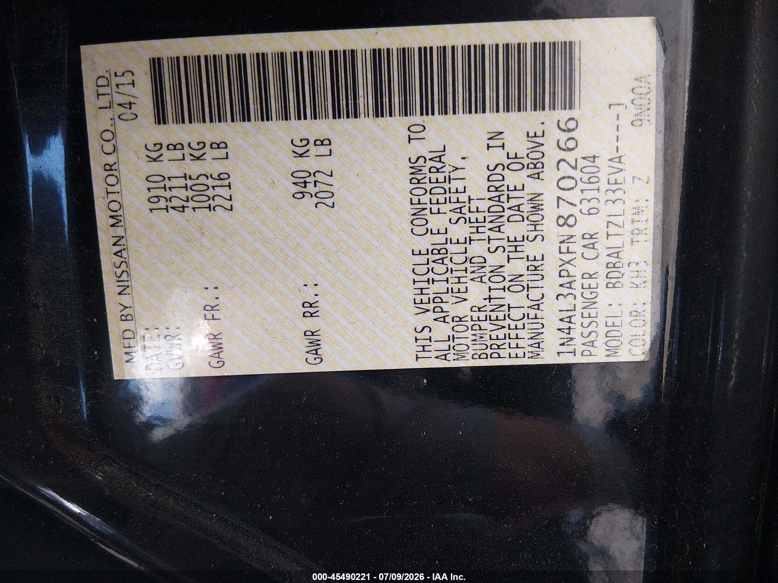 2015 Nissan Altima 2.5 Sl Black vin: 1N4AL3APXFN870266