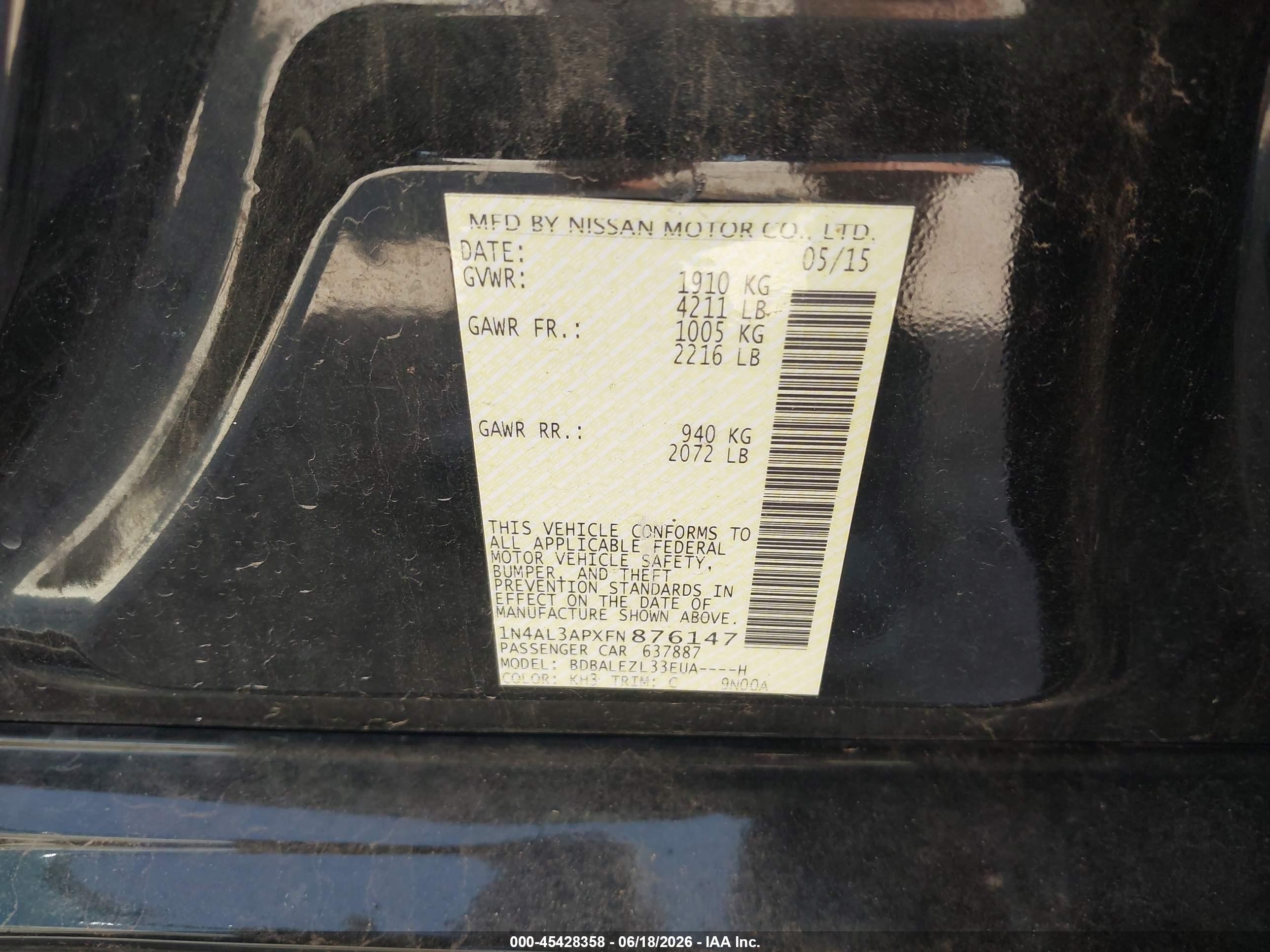 2015 Nissan Altima 2.5 S Black vin: 1N4AL3APXFN876147