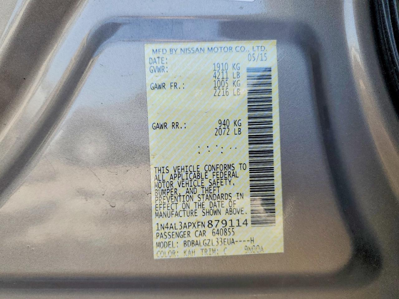 2015 Nissan Altima 2.5 S Tan vin: 1N4AL3APXFN879114