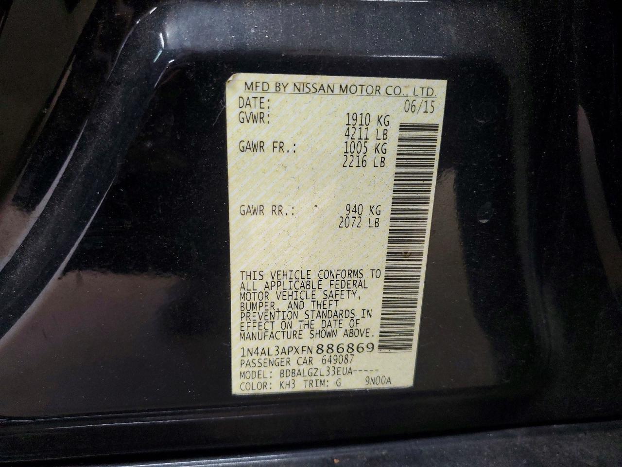 2015 Nissan Altima 2.5 Black vin: 1N4AL3APXFN886869