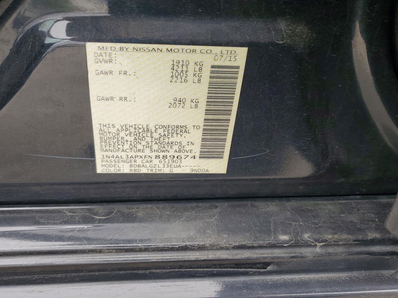 2015 Nissan Altima 2.5 Black vin: 1N4AL3APXFN889674