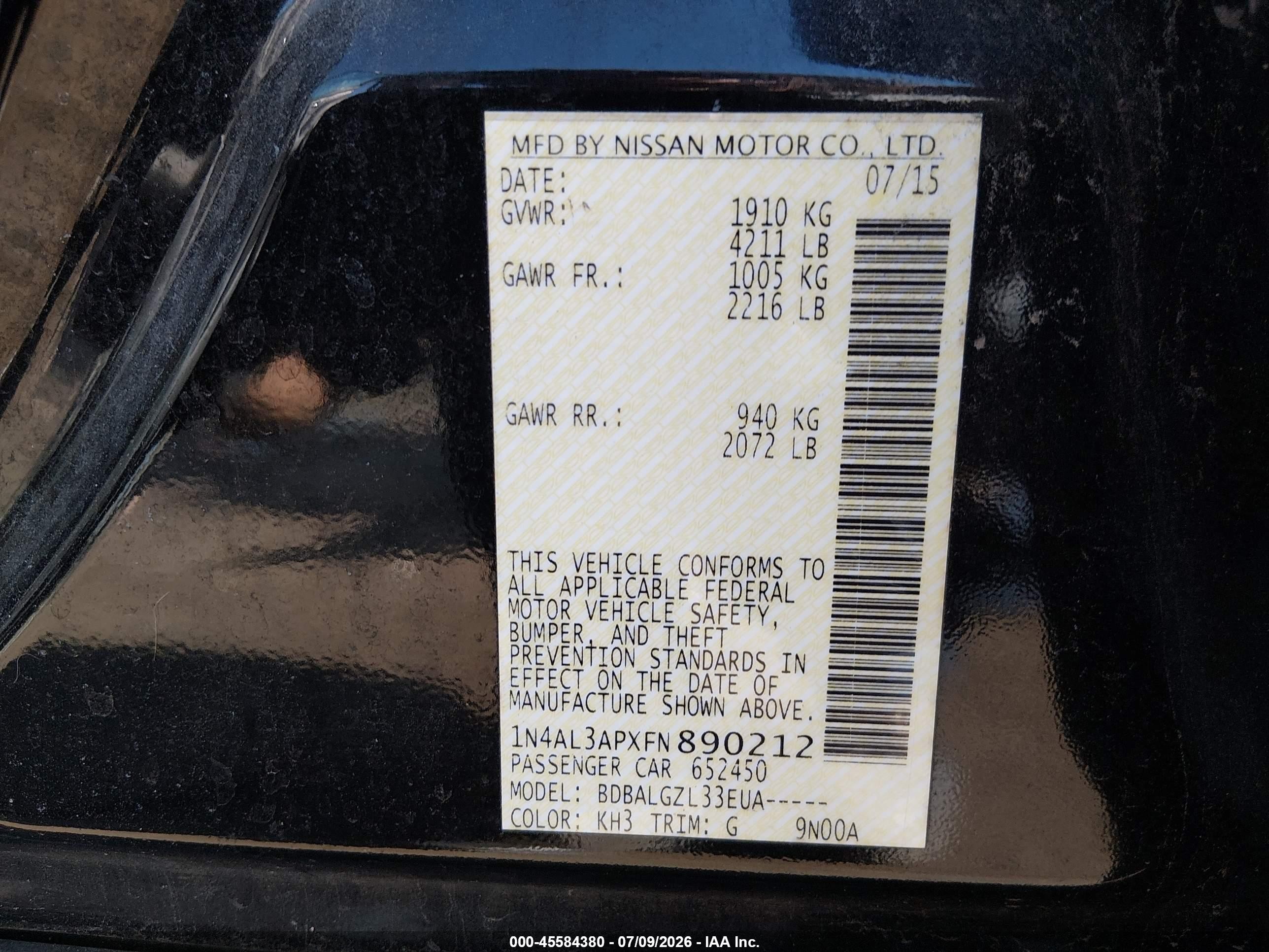 2015 Nissan Altima 2.5/2.5 S/2.5 Sl/2.5 Sv Black vin: 1N4AL3APXFN890212