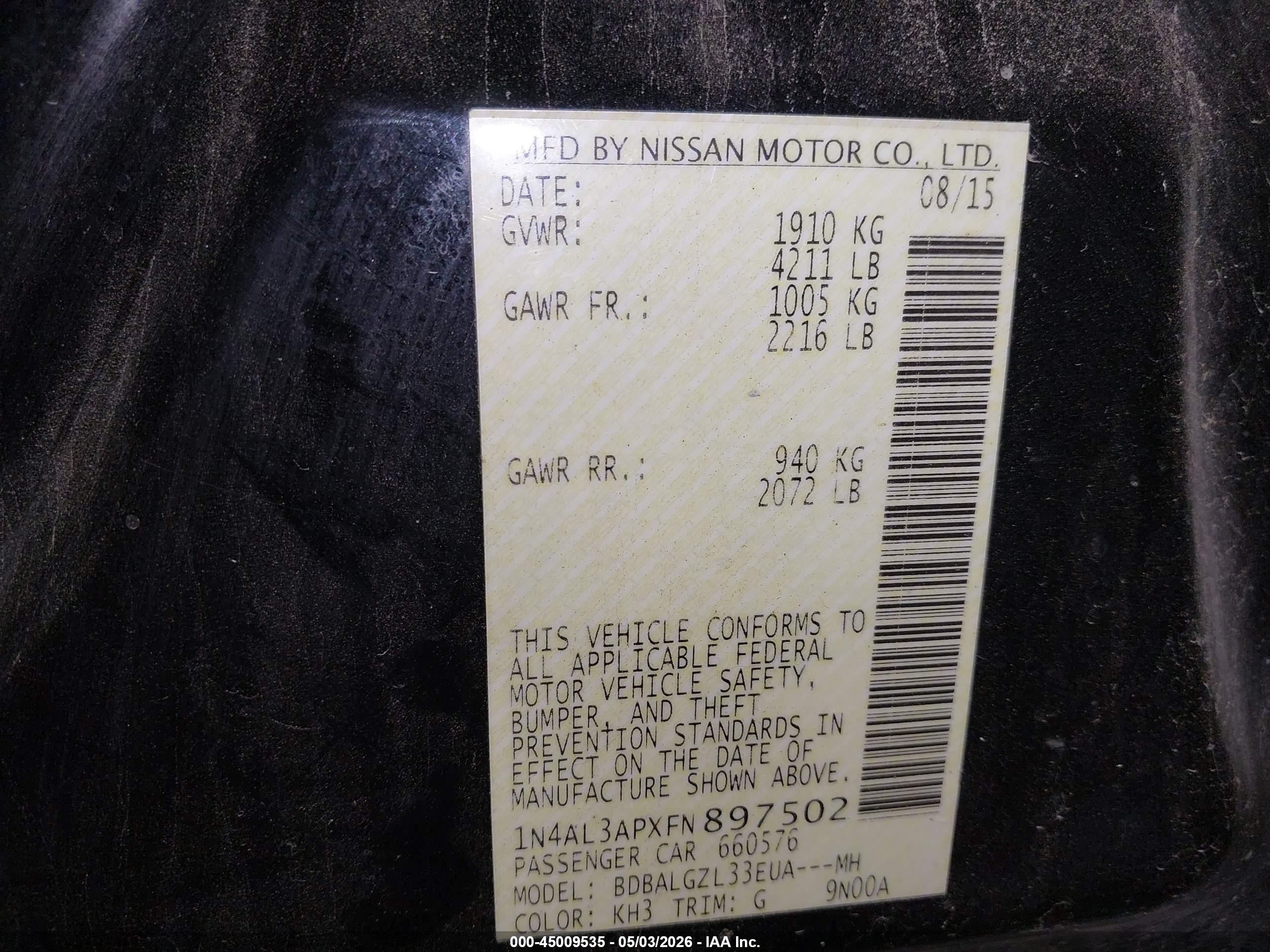 2015 Nissan Altima 2.5 S Black vin: 1N4AL3APXFN897502