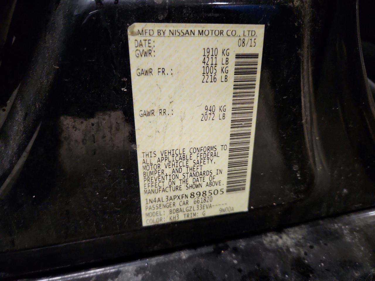 2015 Nissan Altima 2.5 S Black vin: 1N4AL3APXFN898505
