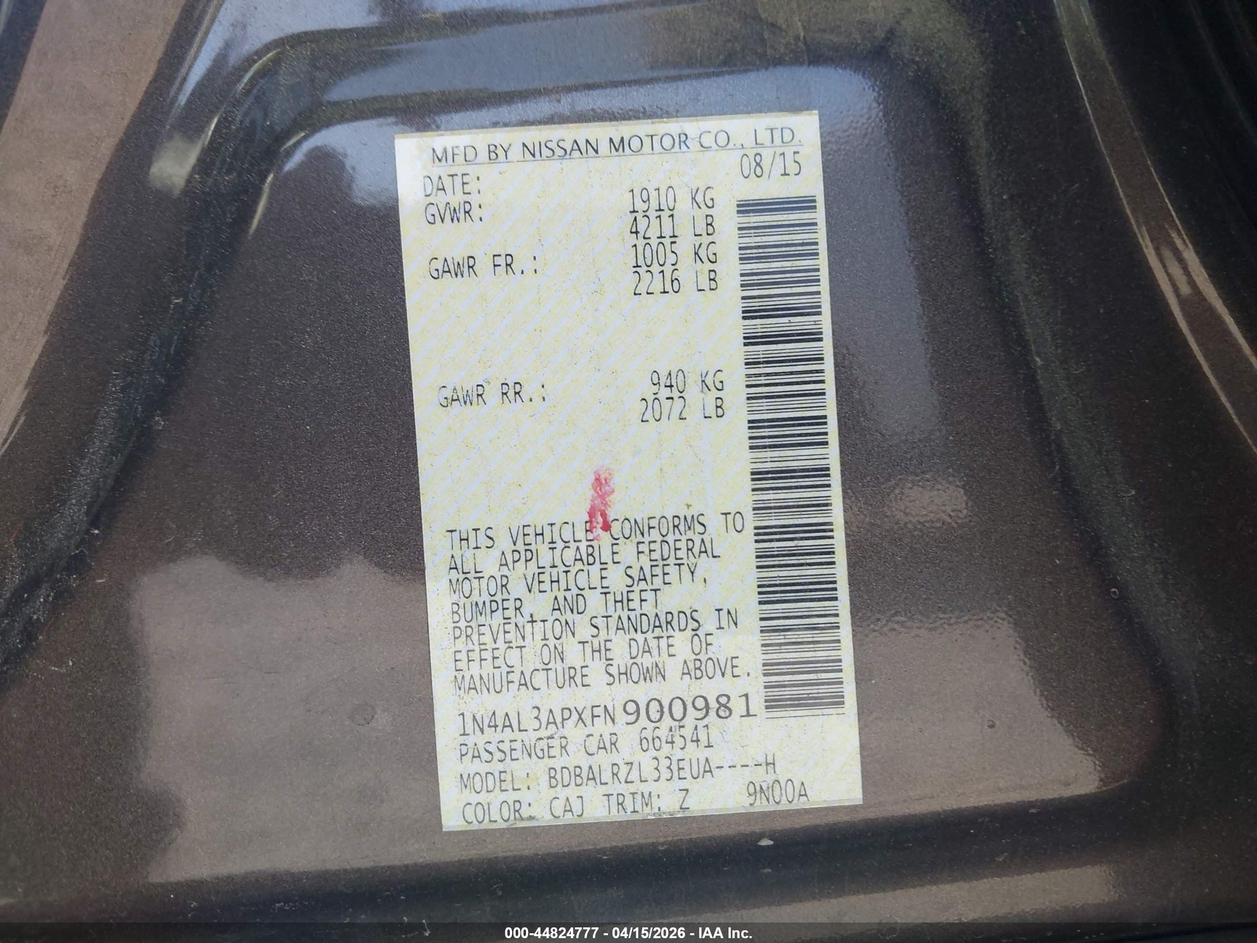 2015 Nissan Altima 2.5 Sl Black vin: 1N4AL3APXFN900981