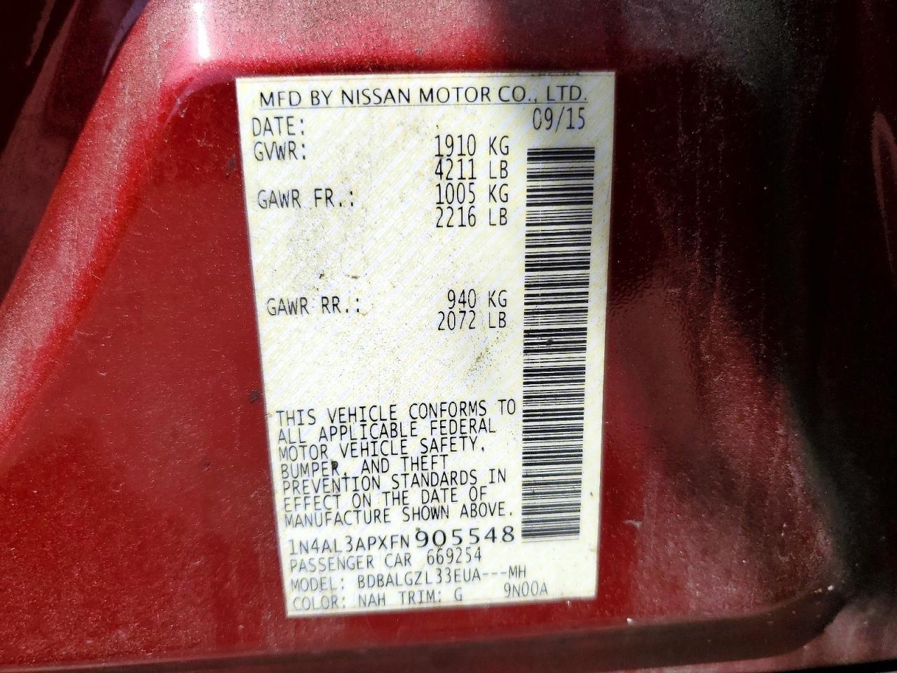 2015 Nissan Altima 2.5 S Red vin: 1N4AL3APXFN905548