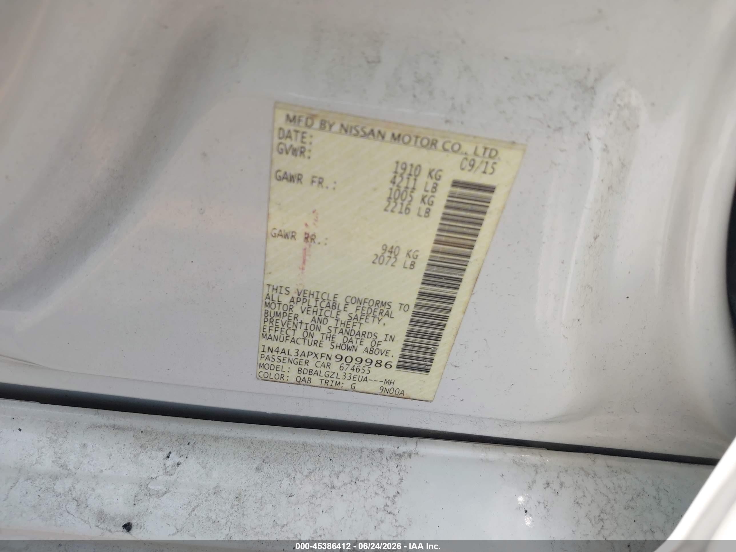 2015 Nissan Altima 2.5 S White vin: 1N4AL3APXFN909986