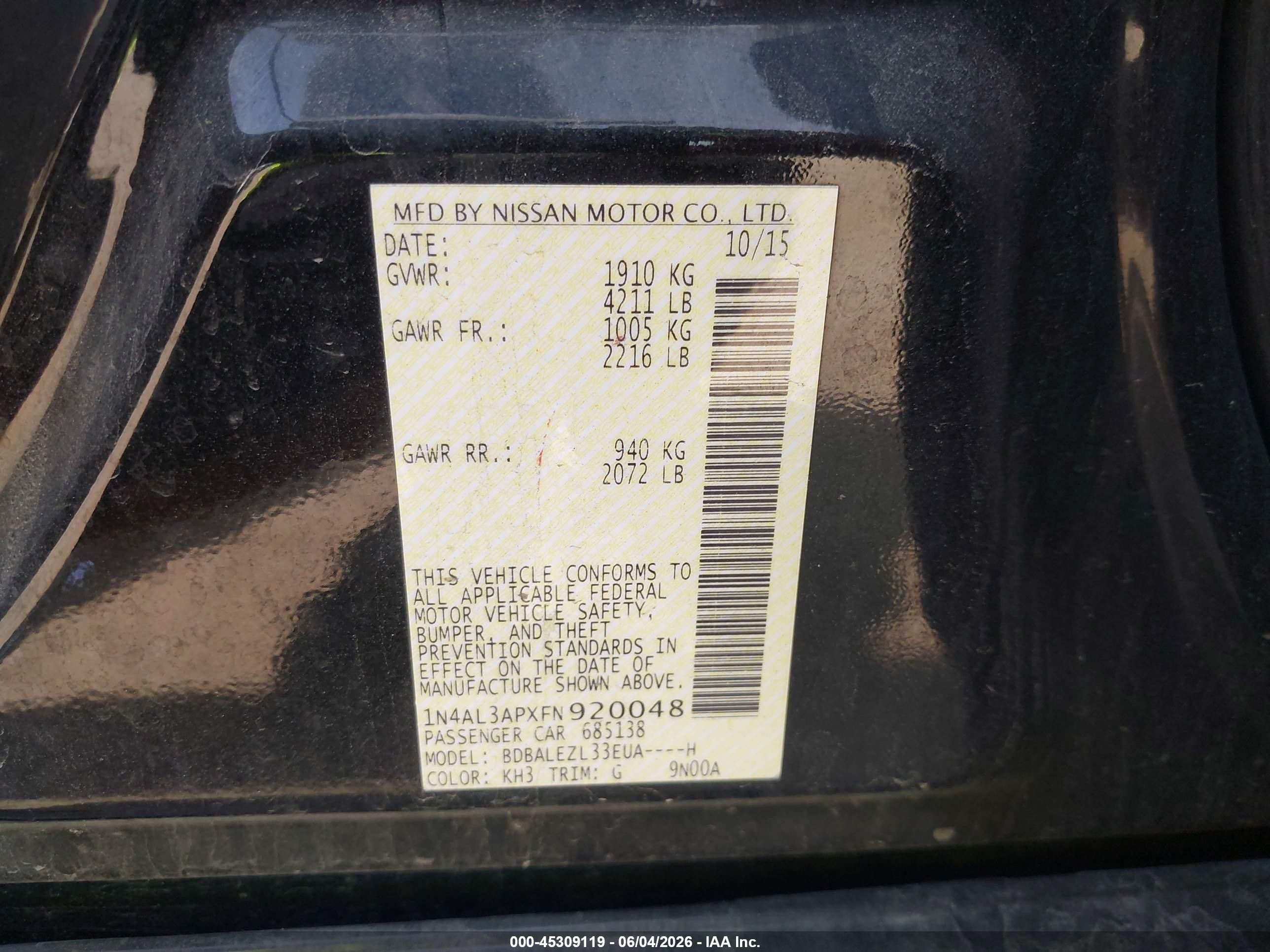 2015 Nissan Altima 2.5 S Black vin: 1N4AL3APXFN920048