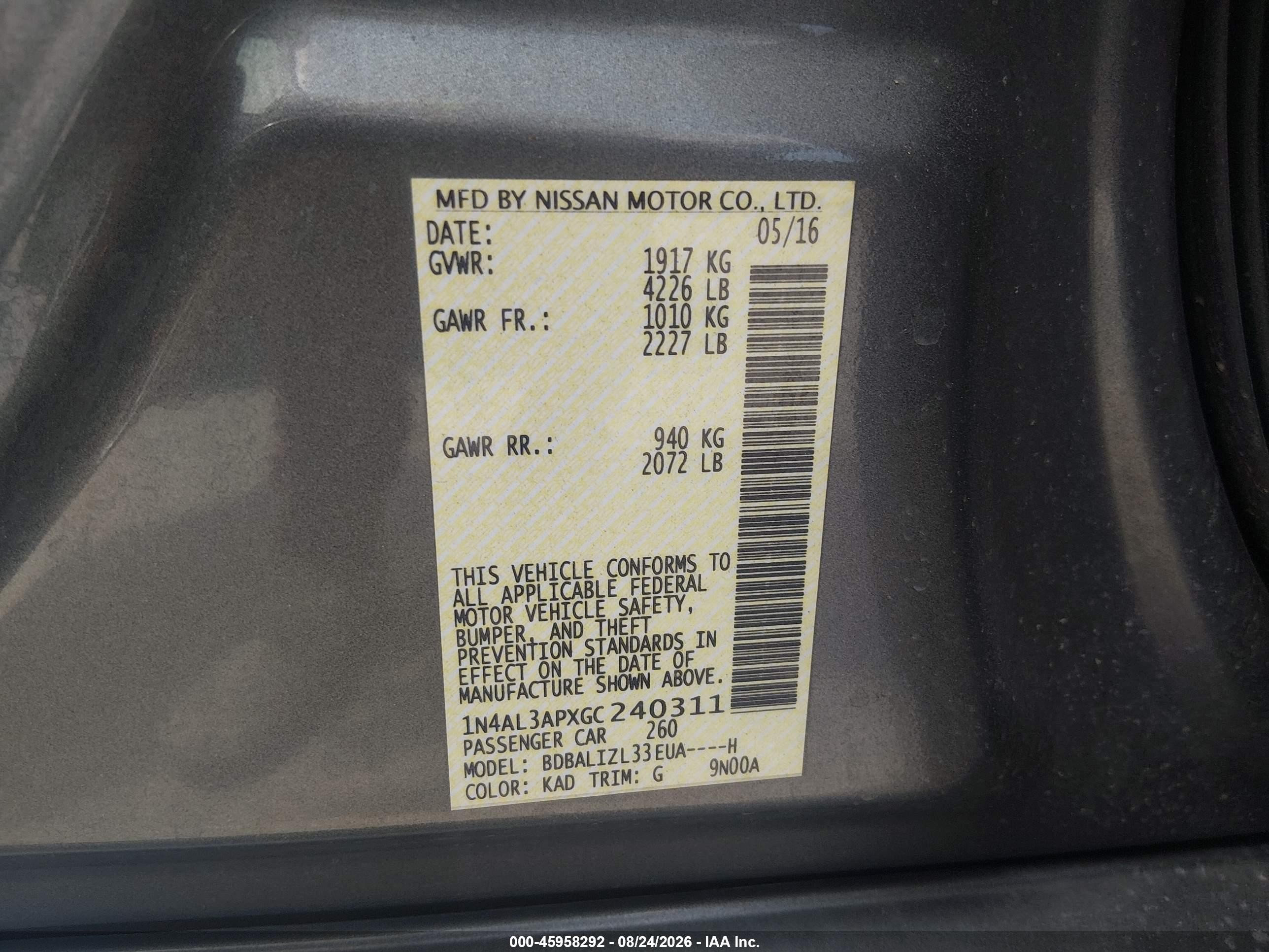 2016 Nissan Altima 2.5 Sv Gray vin: 1N4AL3APXGC240311
