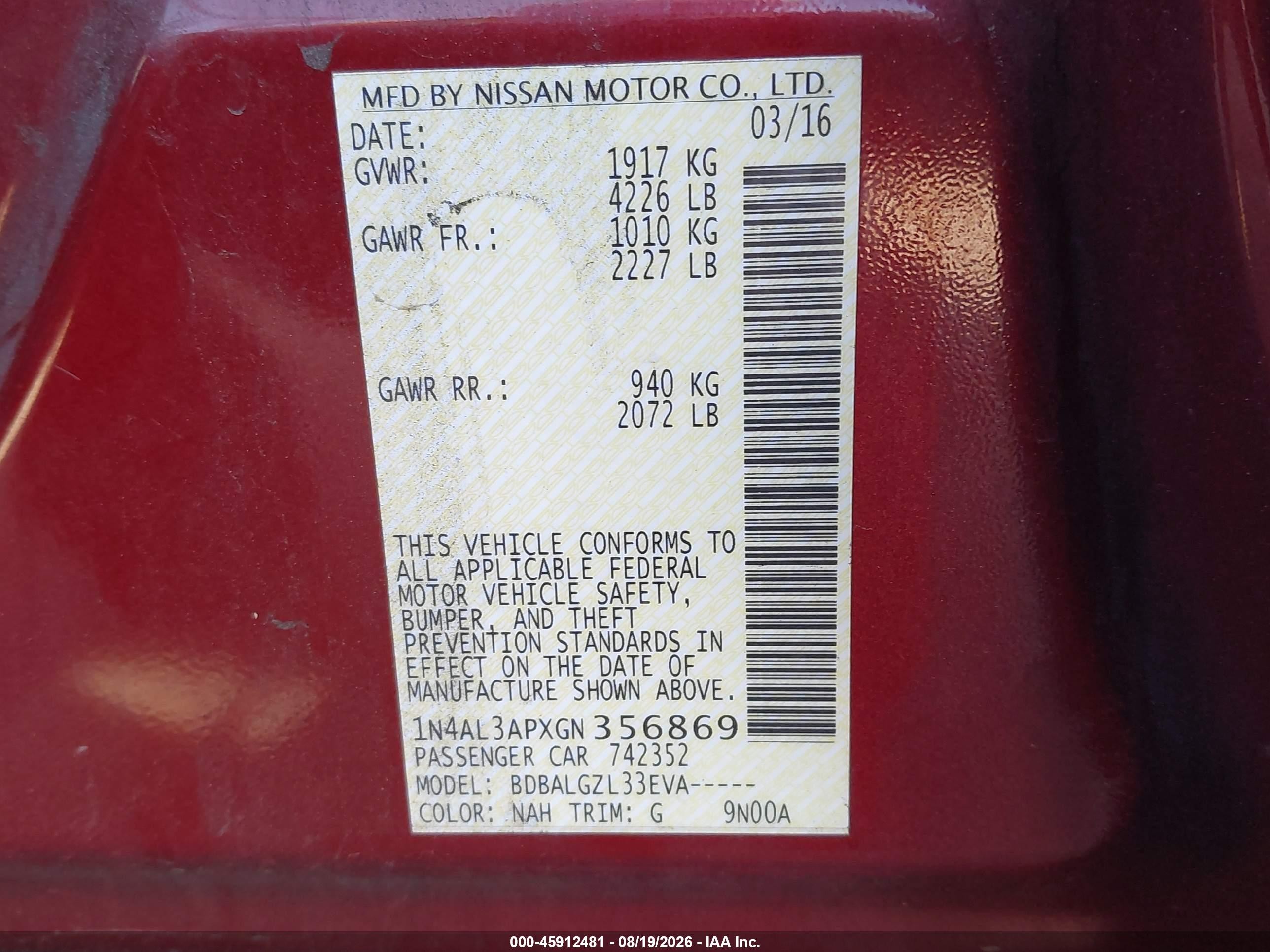 2016 Nissan Altima 2.5 S Burgundy vin: 1N4AL3APXGN356869