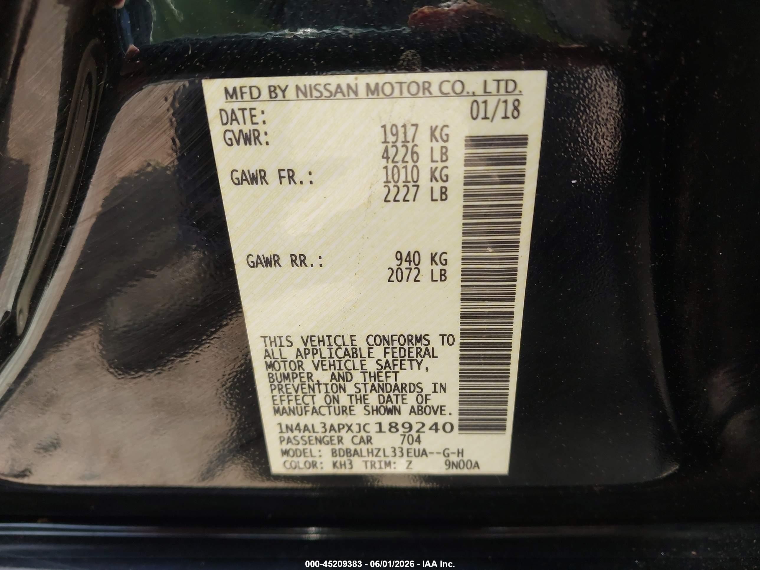 2018 Nissan Altima 2.5 Sr Black vin: 1N4AL3APXJC189240