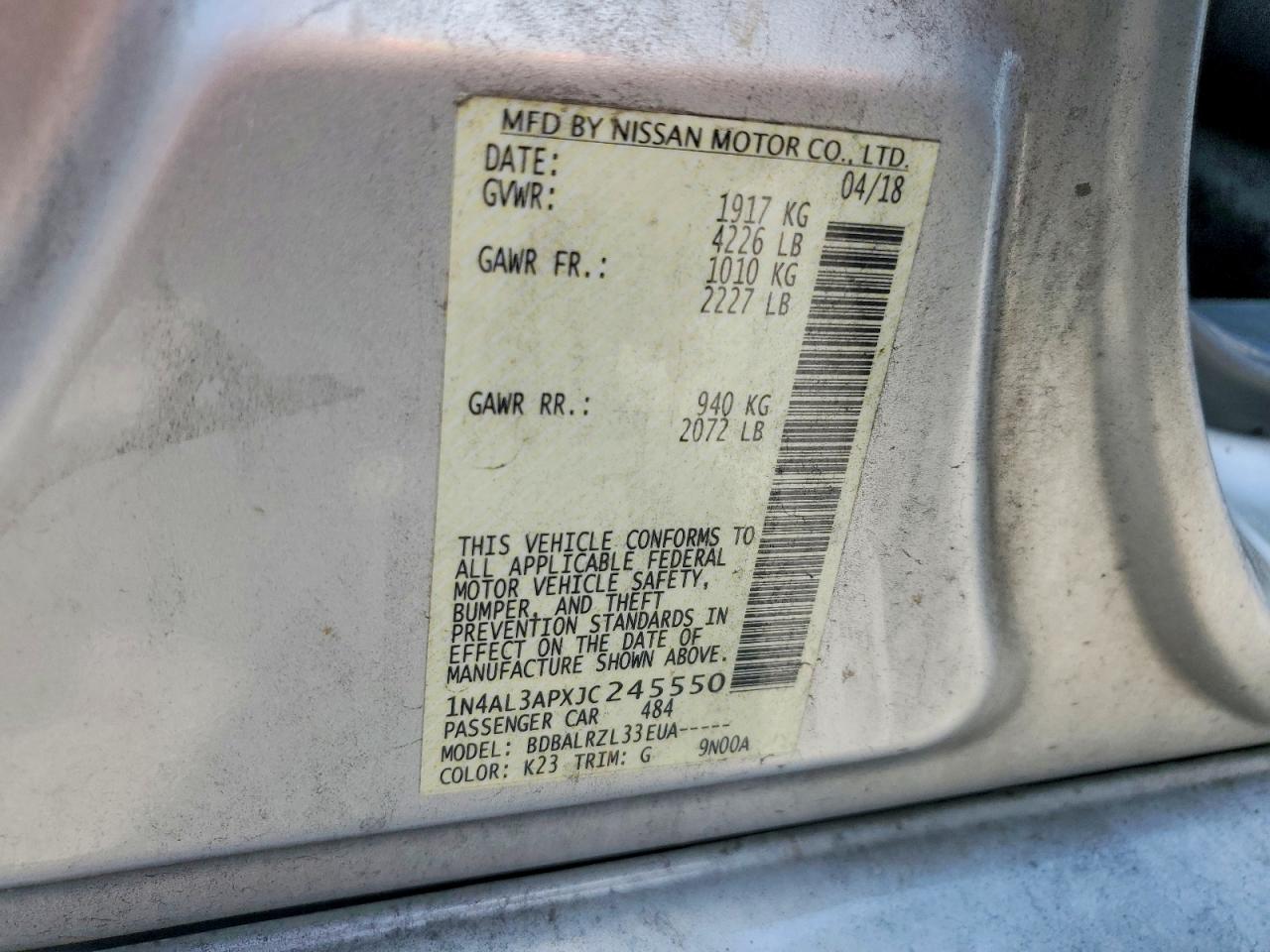 2018 Nissan Altima 2.5 Sl Silver vin: 1N4AL3APXJC245550