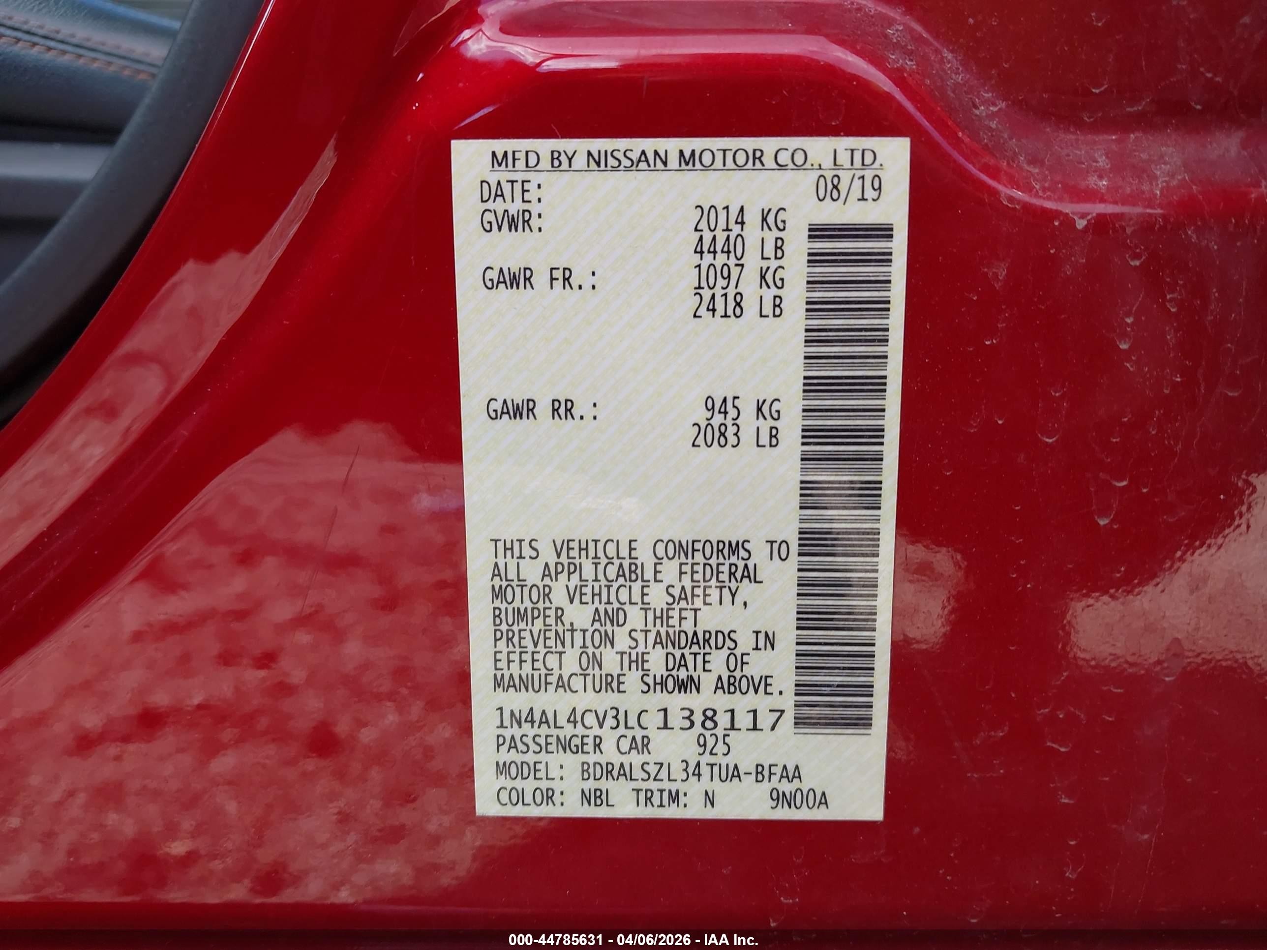 2020 Nissan Altima Sr Vc-turbo Fwd Red vin: 1N4AL4CV3LC138117
